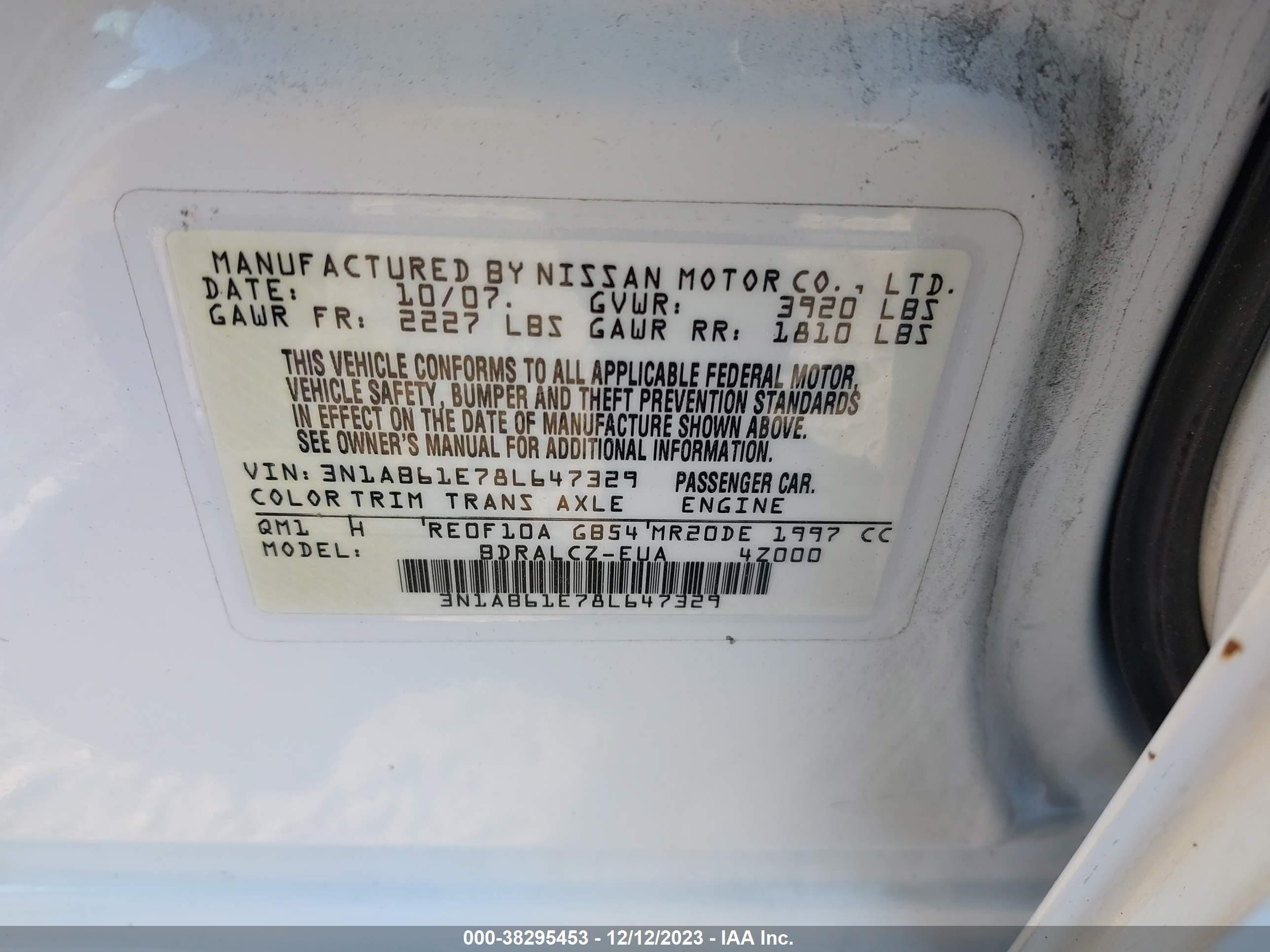 Photo 8 VIN: 3N1AB61E78L647329 - NISSAN SENTRA 