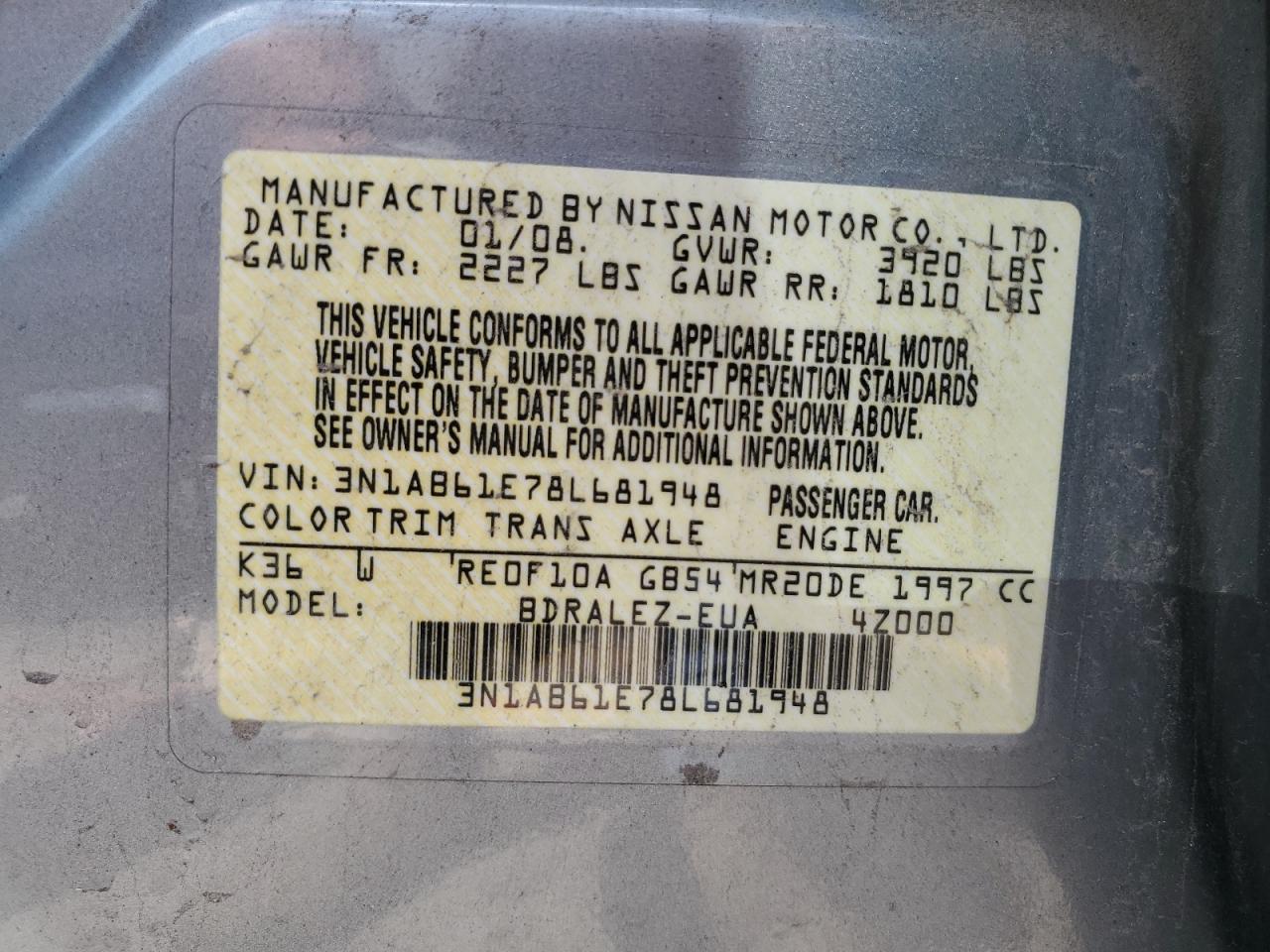 Photo 12 VIN: 3N1AB61E78L681948 - NISSAN SENTRA 