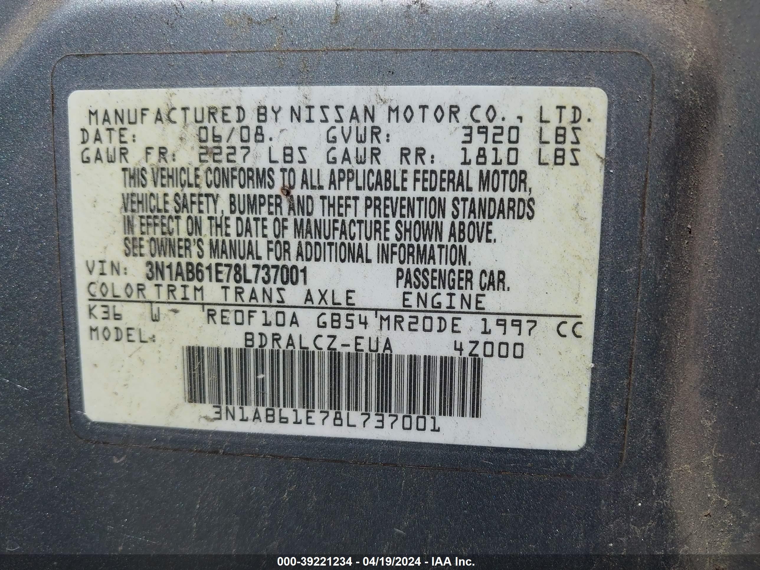 Photo 8 VIN: 3N1AB61E78L737001 - NISSAN SENTRA 