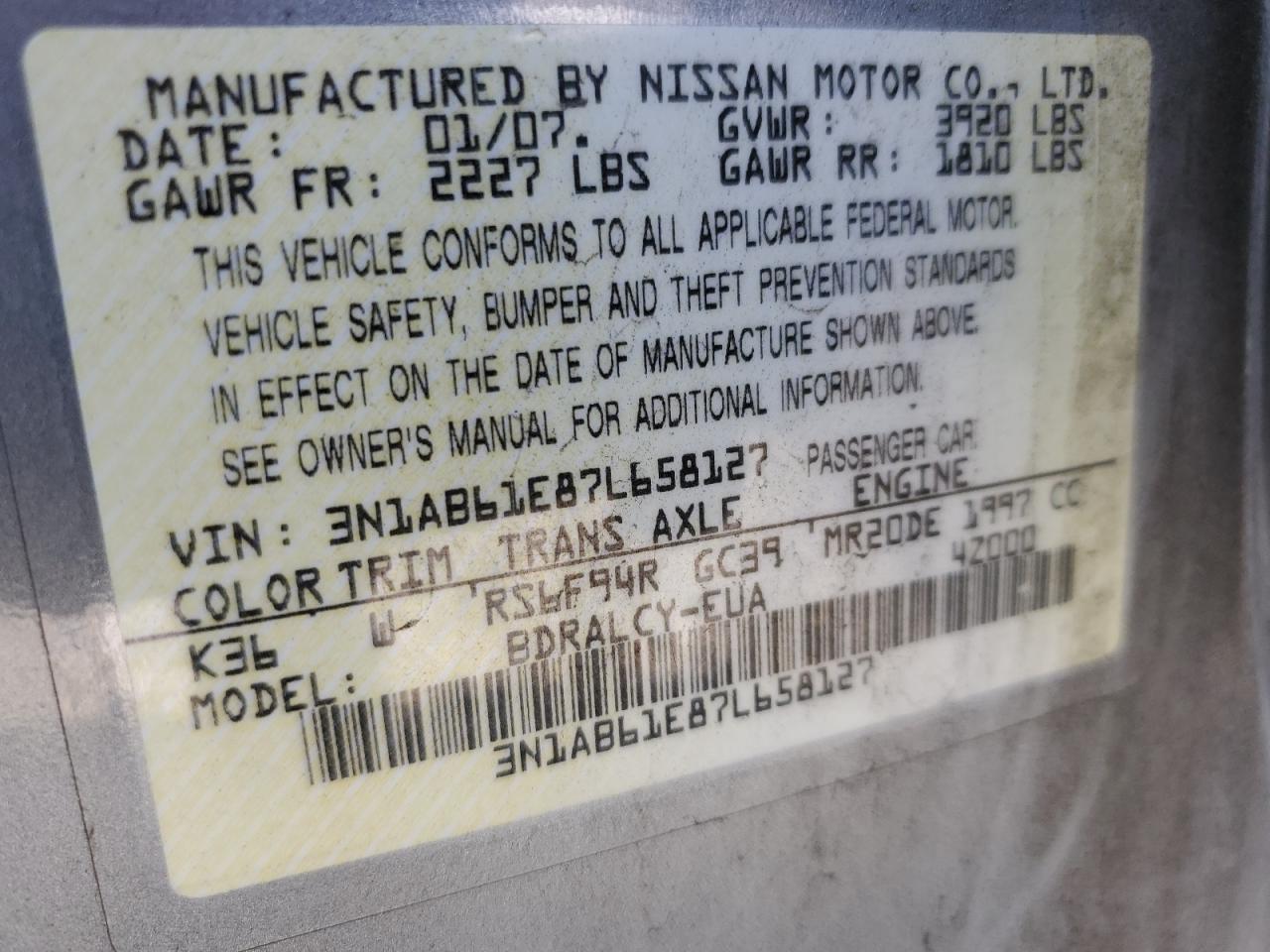 Photo 12 VIN: 3N1AB61E87L658127 - NISSAN SENTRA 