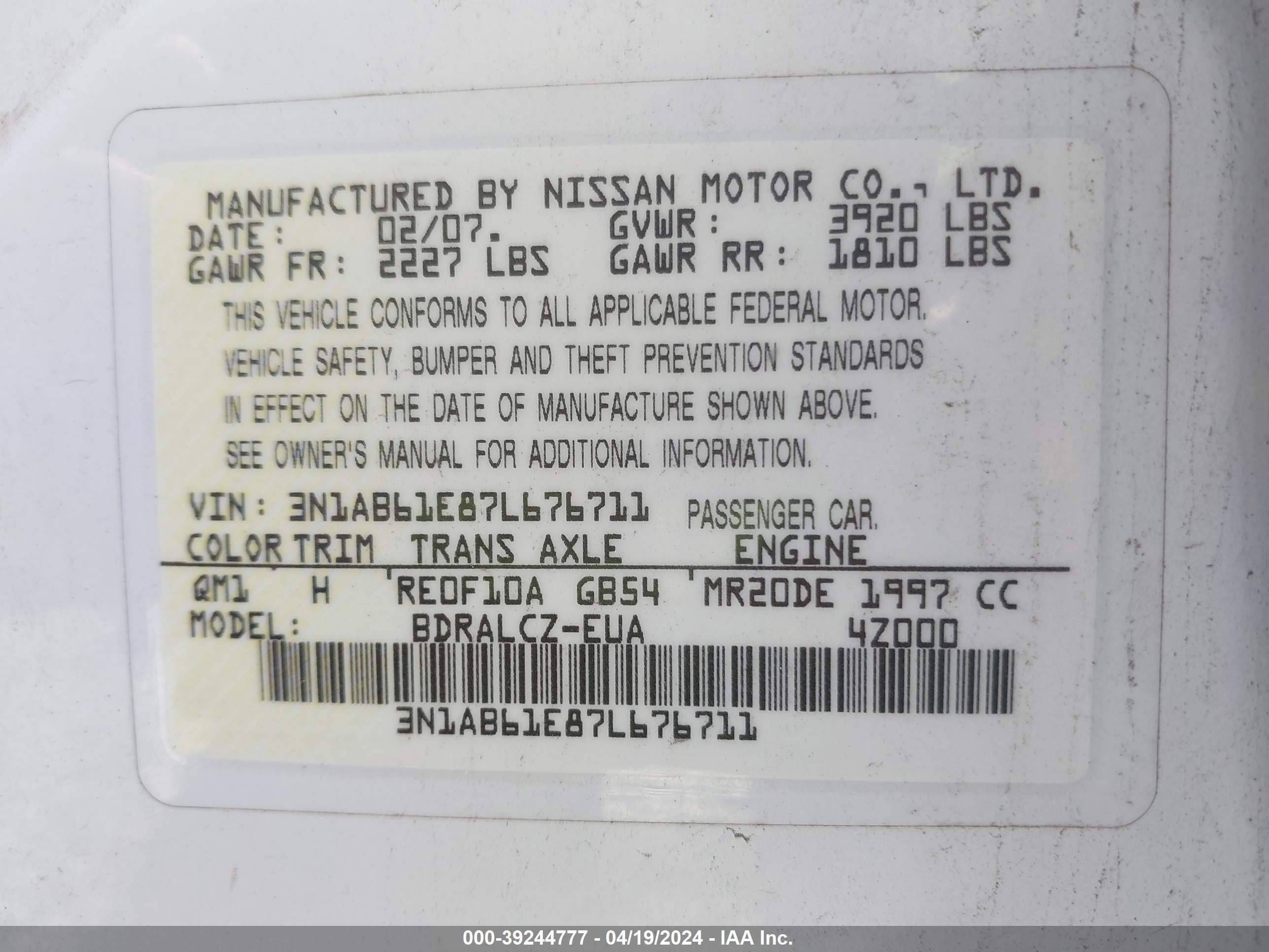 Photo 8 VIN: 3N1AB61E87L676711 - NISSAN SENTRA 