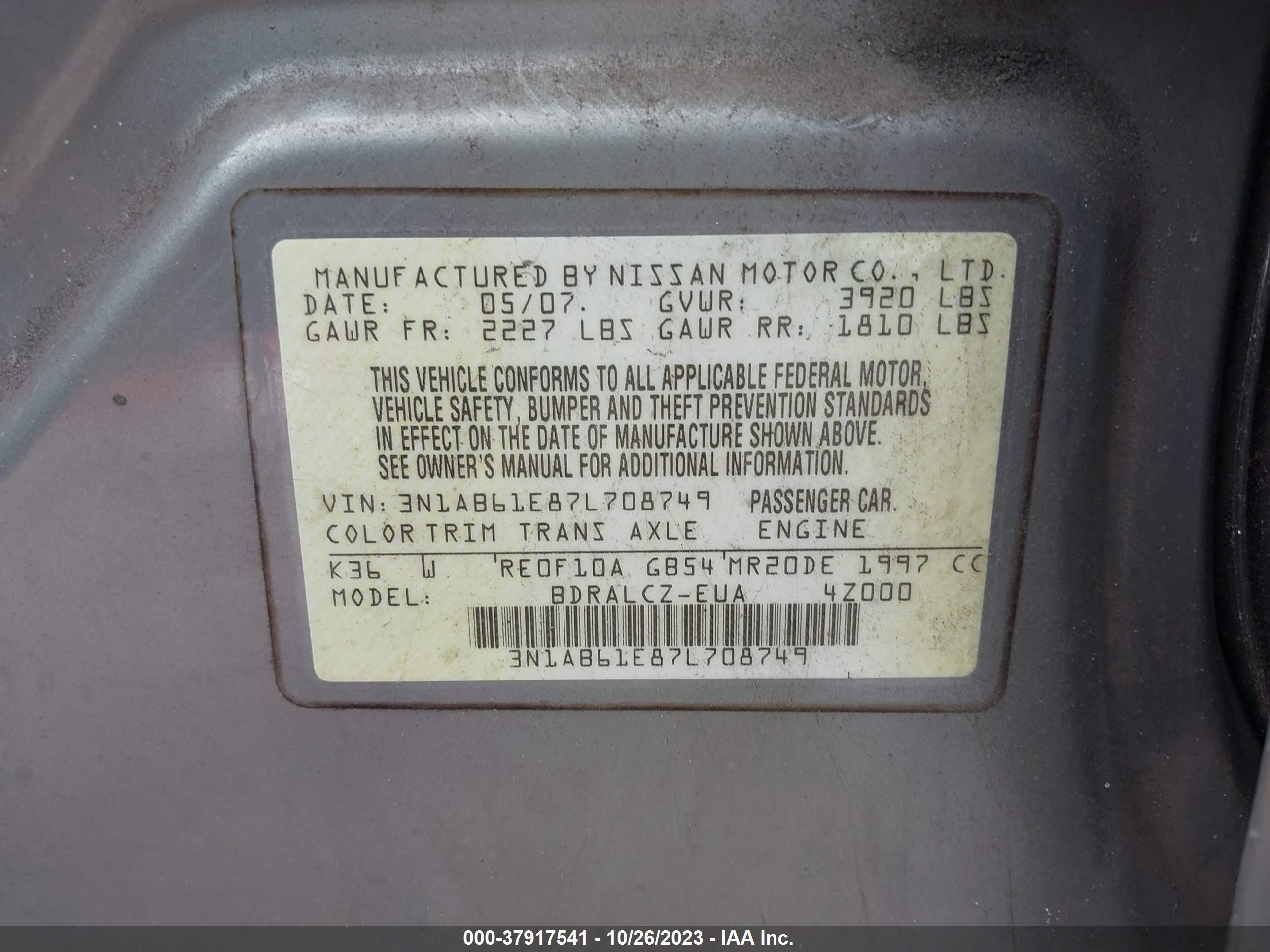 Photo 8 VIN: 3N1AB61E87L708749 - NISSAN SENTRA 