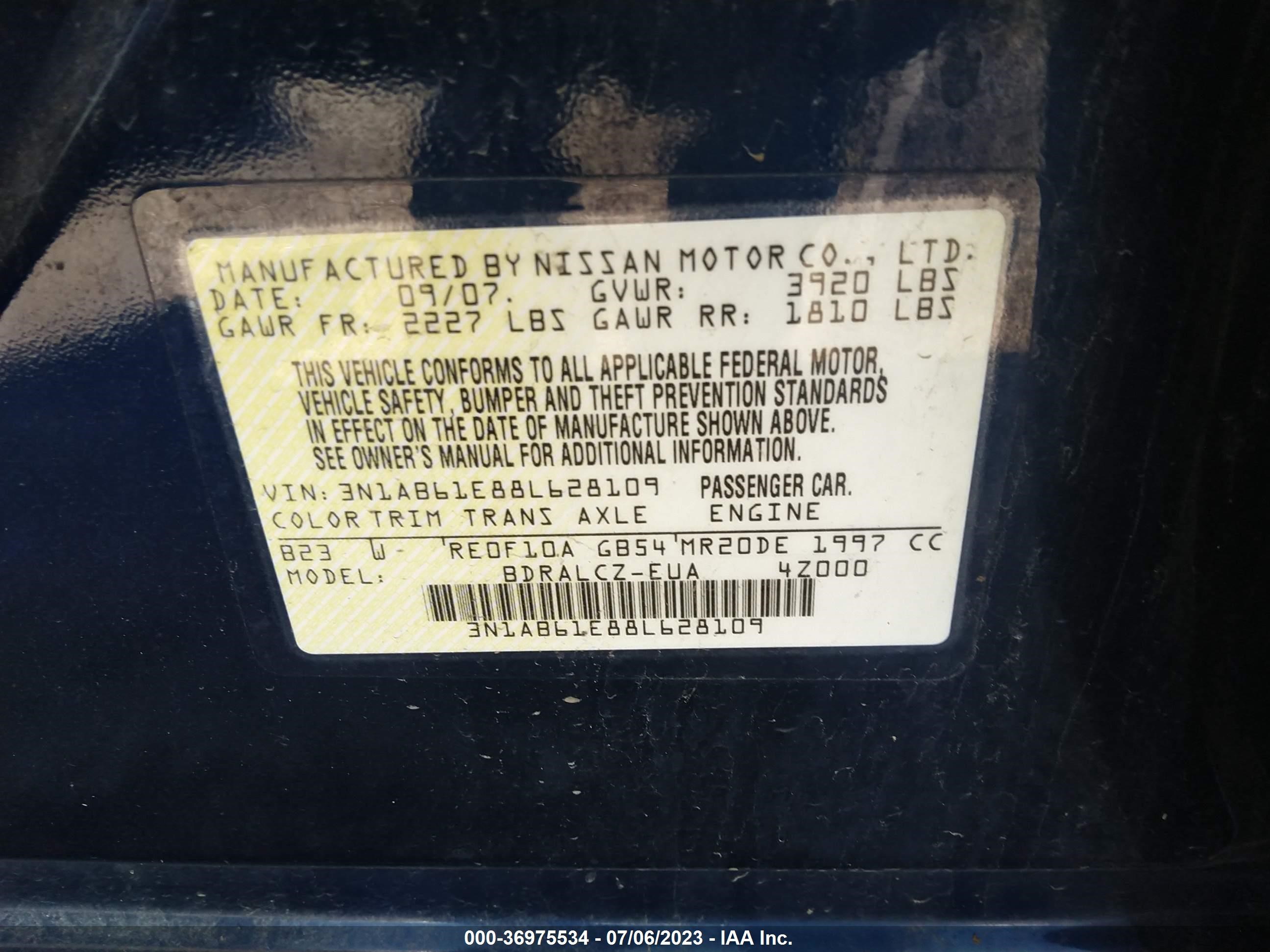 Photo 8 VIN: 3N1AB61E88L628109 - NISSAN SENTRA 