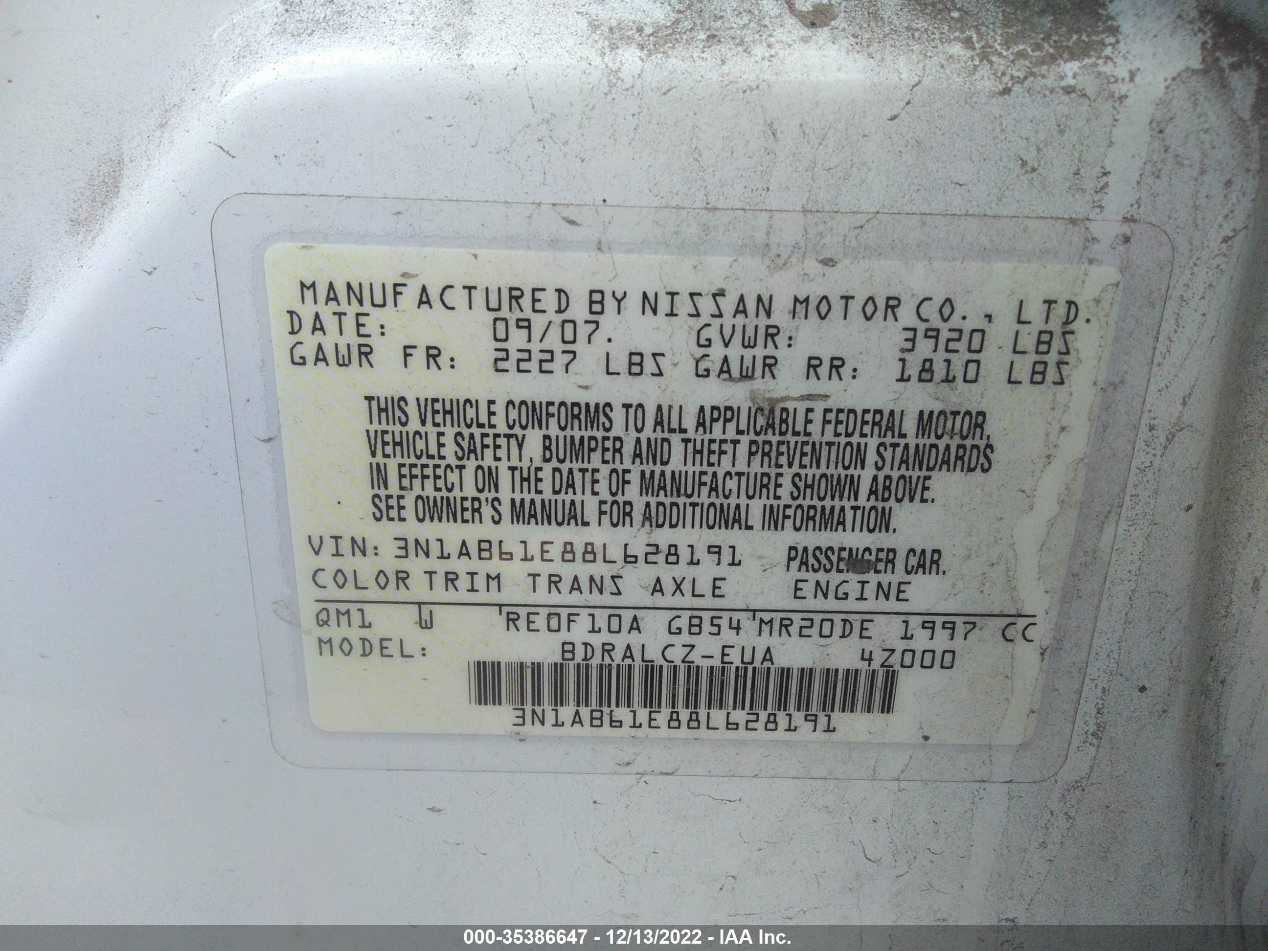 Photo 8 VIN: 3N1AB61E88L628191 - NISSAN SENTRA 