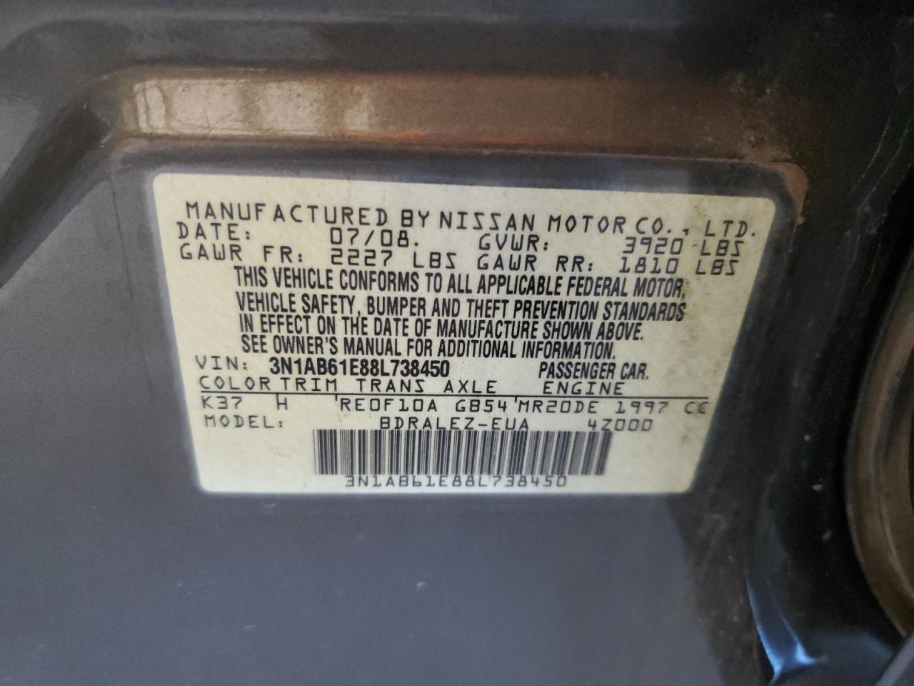 Photo 11 VIN: 3N1AB61E88L738450 - NISSAN SENTRA 