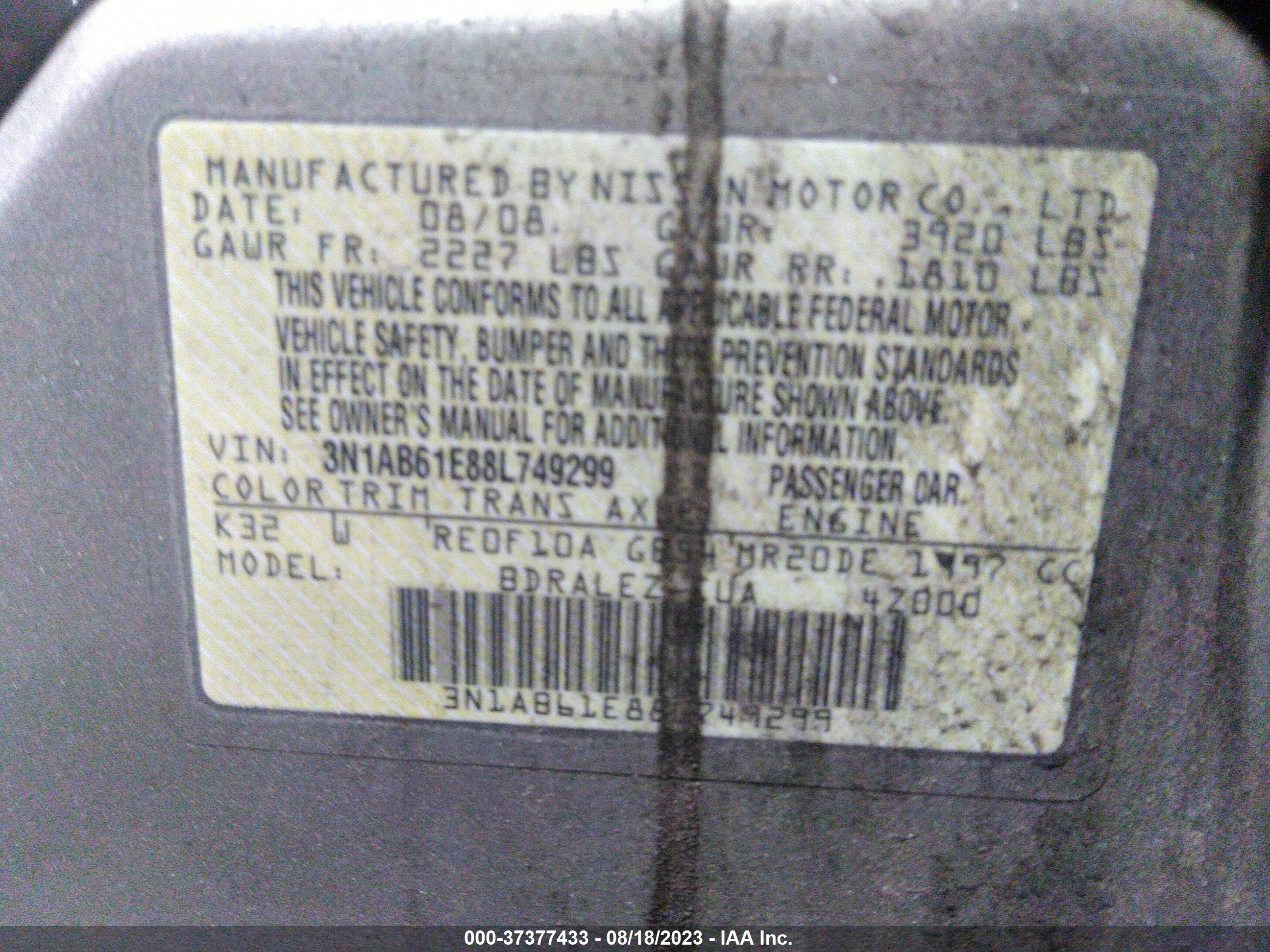 Photo 8 VIN: 3N1AB61E88L749299 - NISSAN SENTRA 