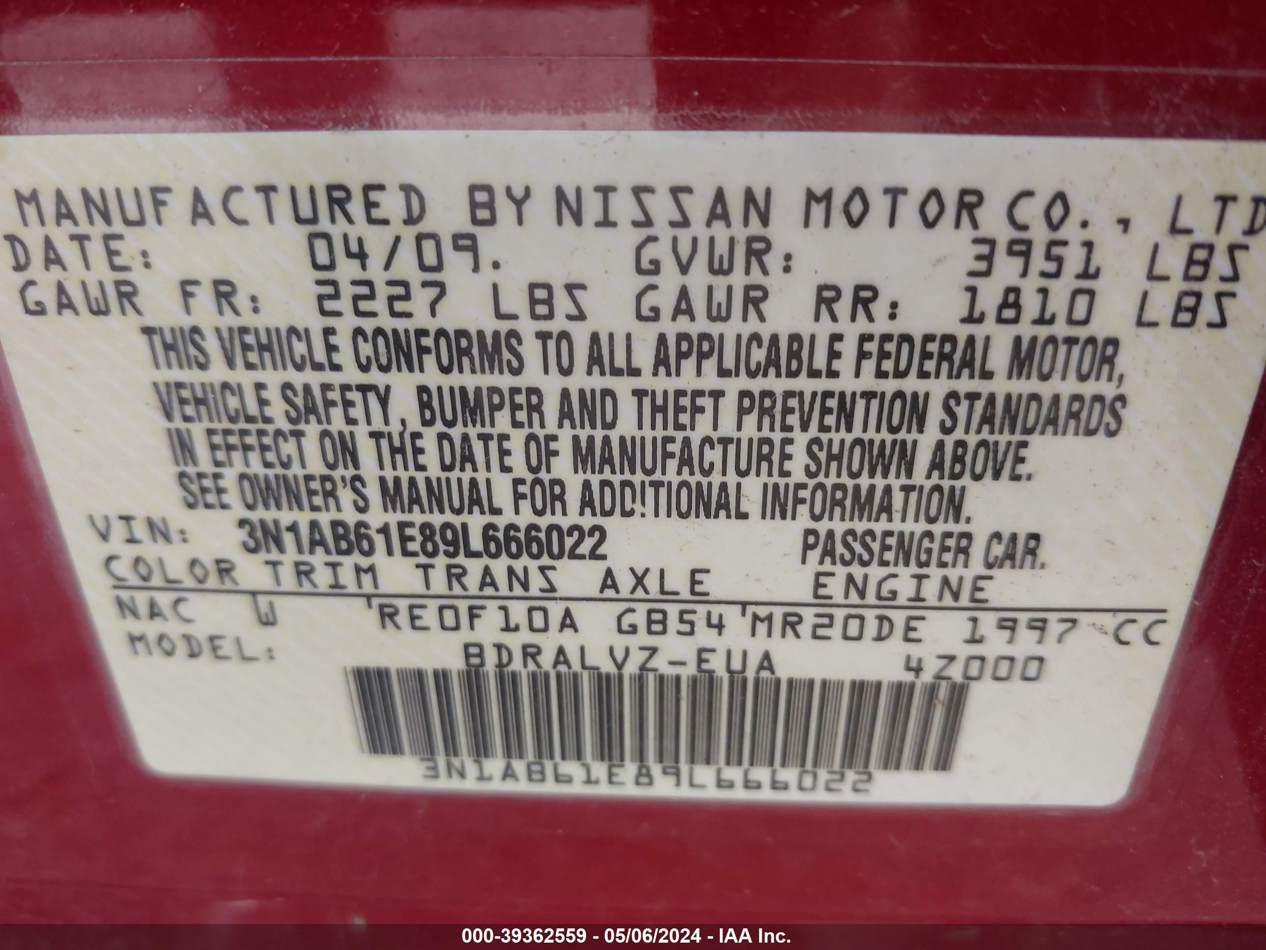 Photo 8 VIN: 3N1AB61E89L666022 - NISSAN SENTRA 