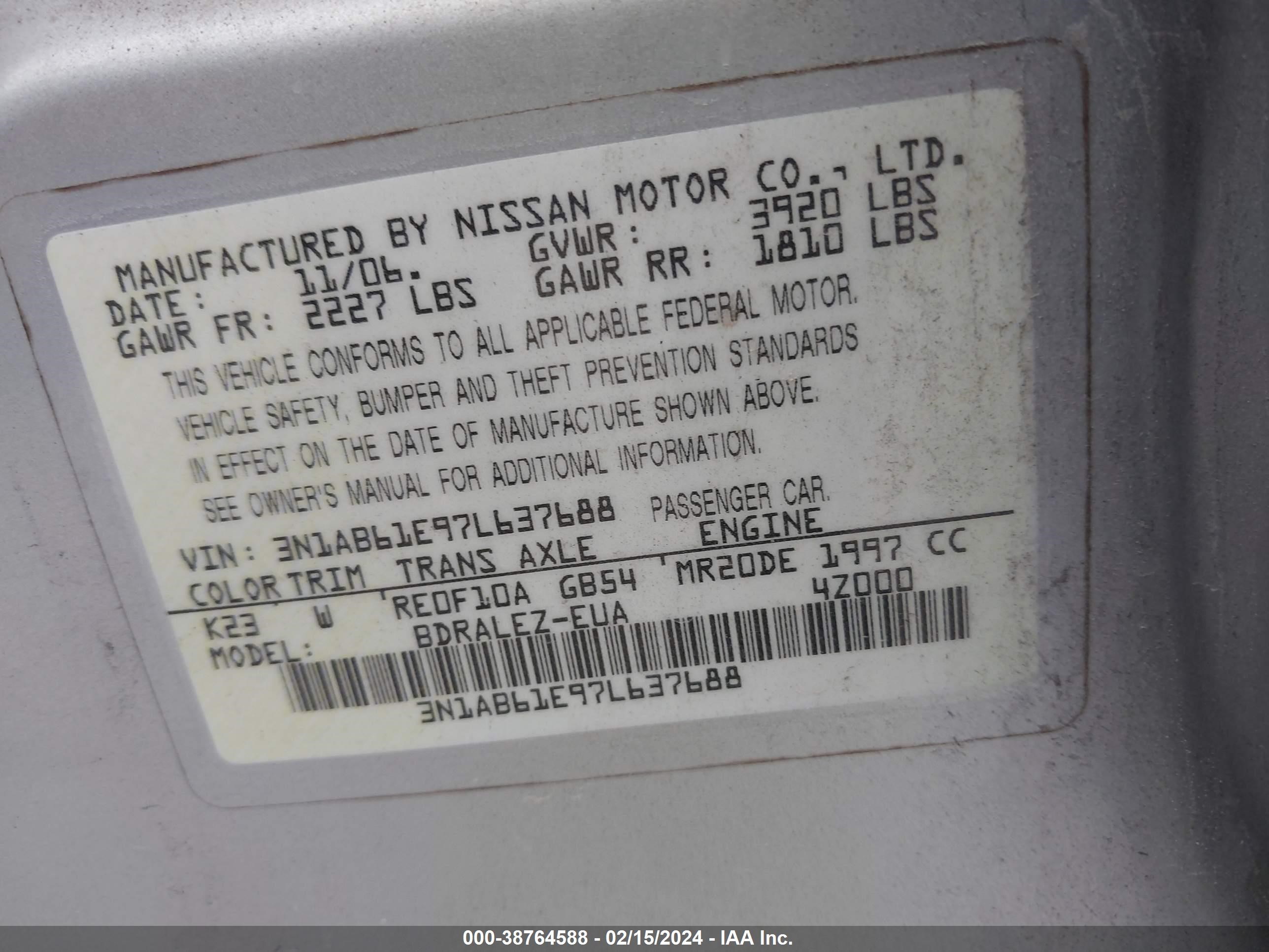 Photo 8 VIN: 3N1AB61E97L637688 - NISSAN SENTRA 