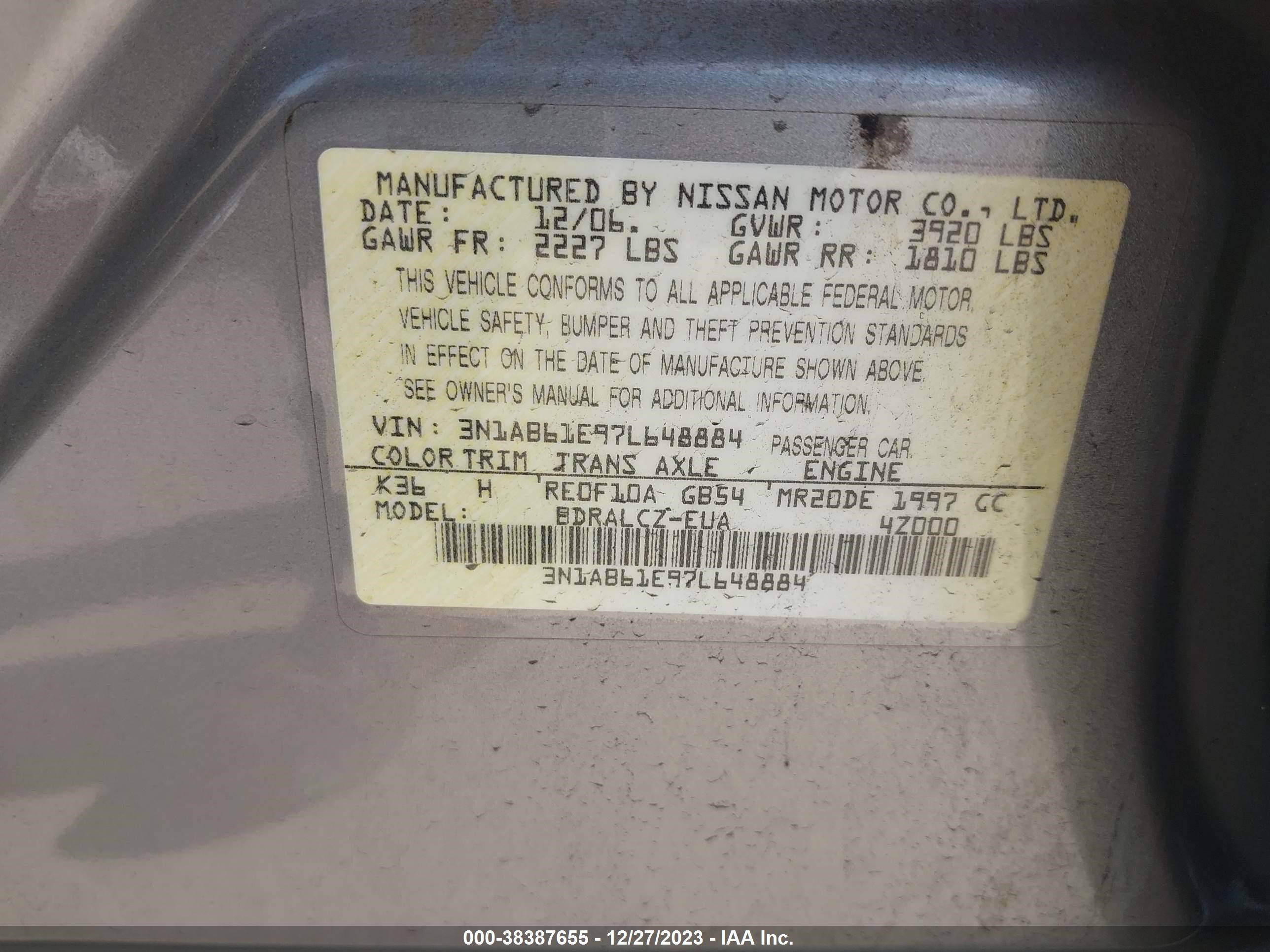 Photo 8 VIN: 3N1AB61E97L648884 - NISSAN SENTRA 