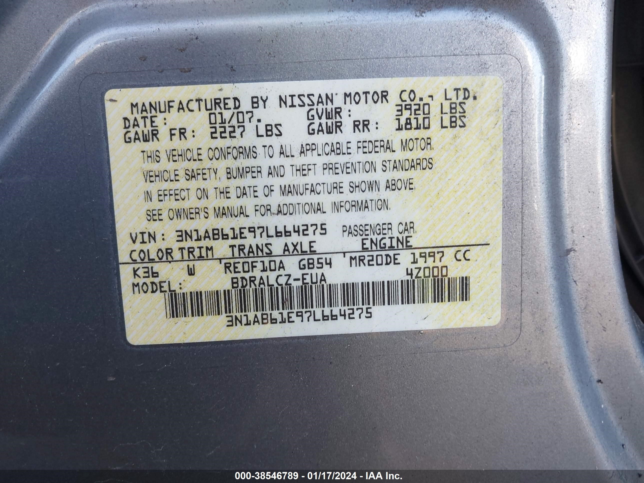 Photo 8 VIN: 3N1AB61E97L664275 - NISSAN SENTRA 