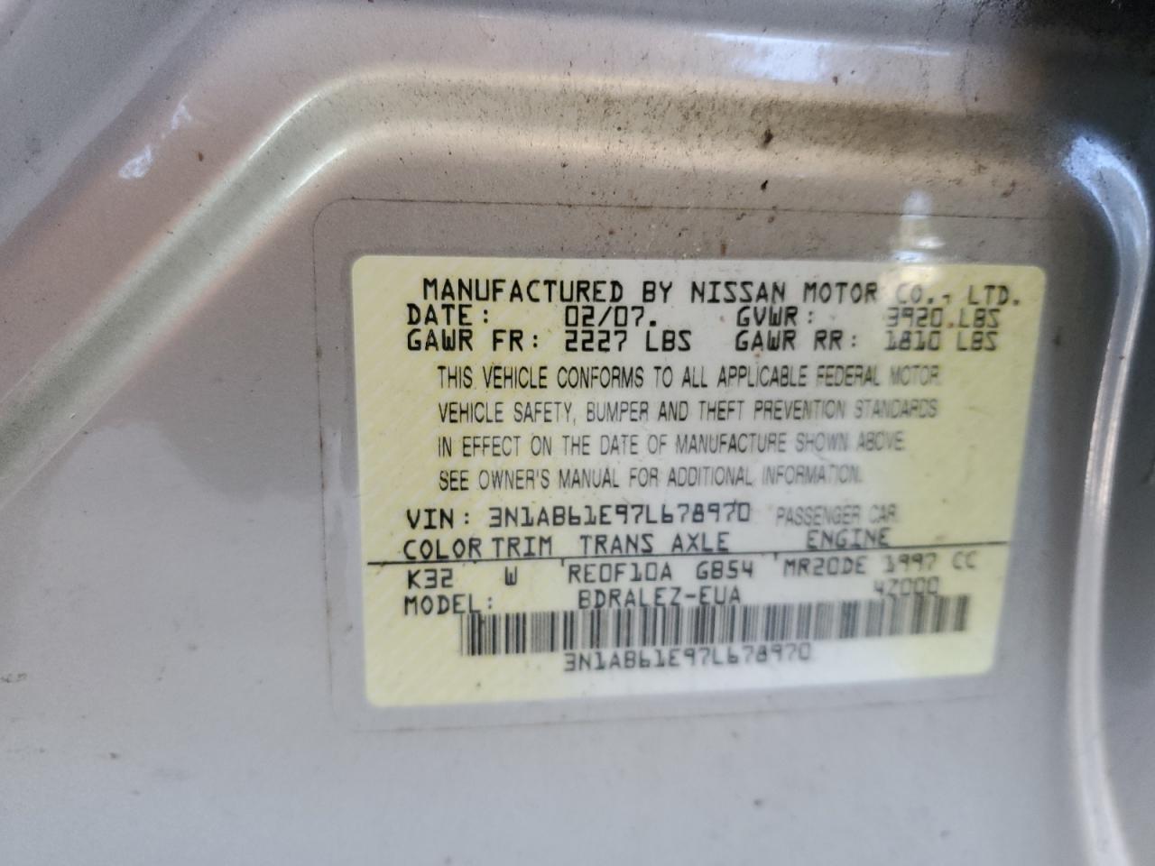 Photo 11 VIN: 3N1AB61E97L678970 - NISSAN SENTRA 