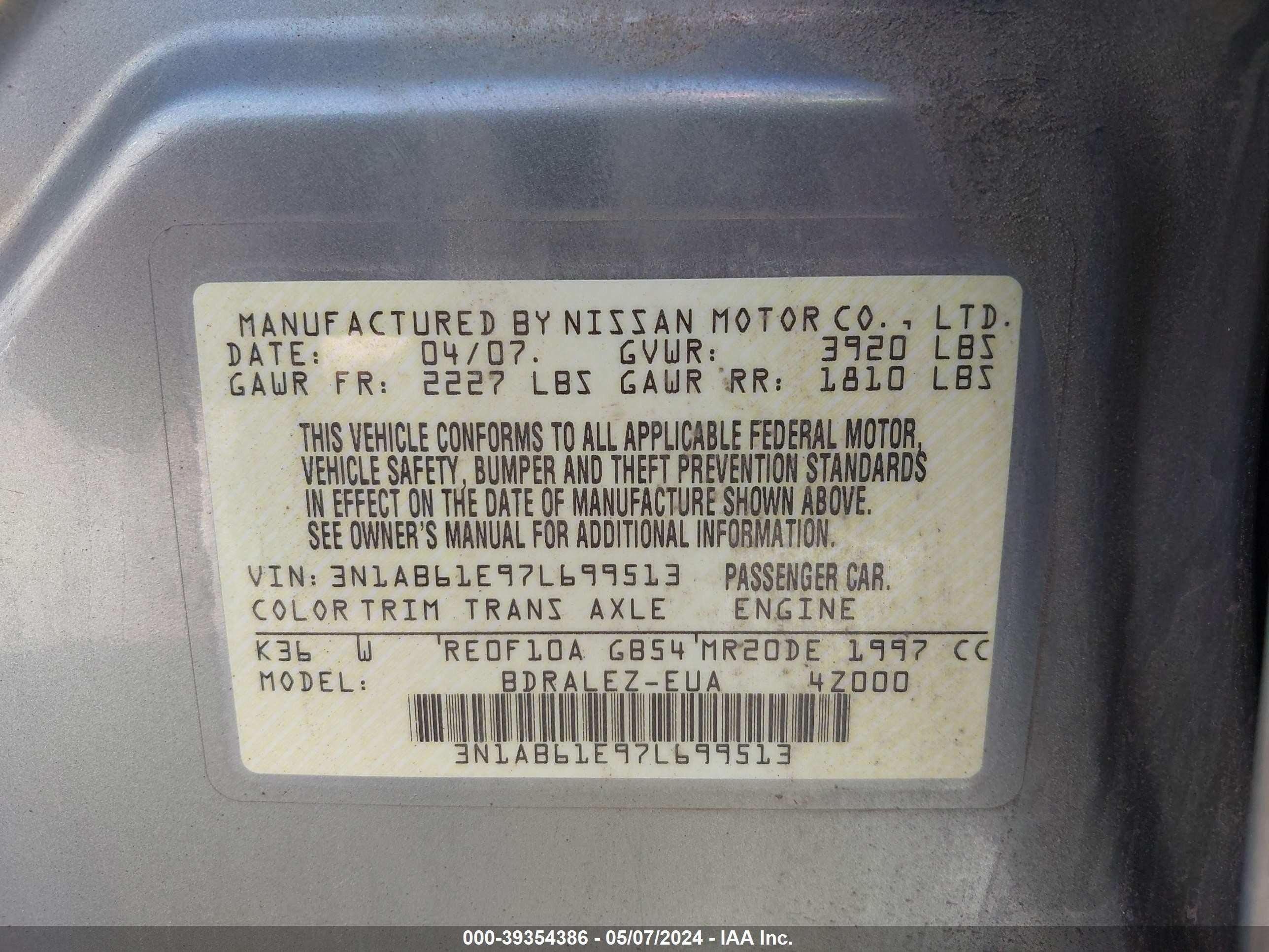 Photo 8 VIN: 3N1AB61E97L699513 - NISSAN SENTRA 