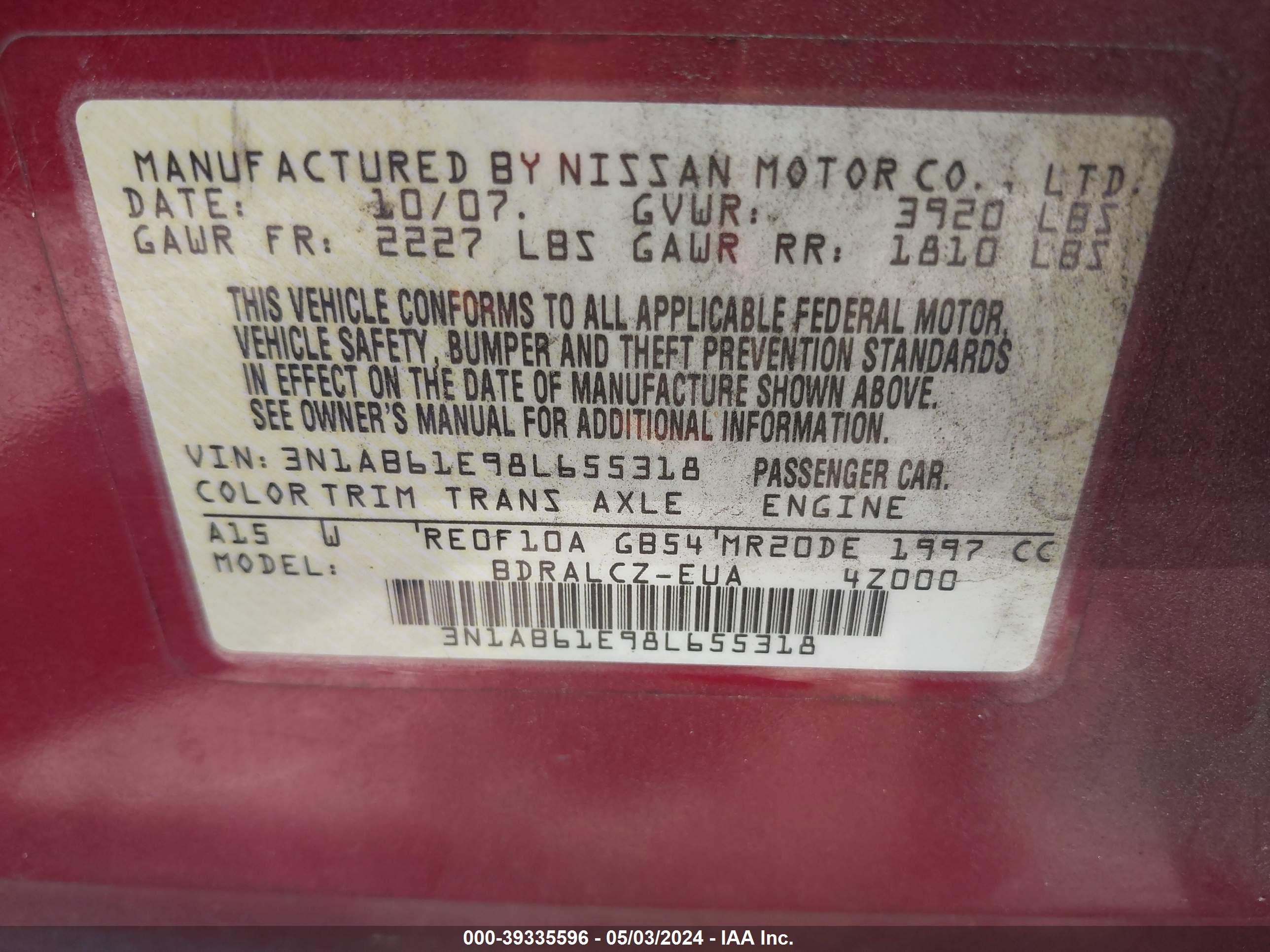 Photo 8 VIN: 3N1AB61E98L655318 - NISSAN SENTRA 