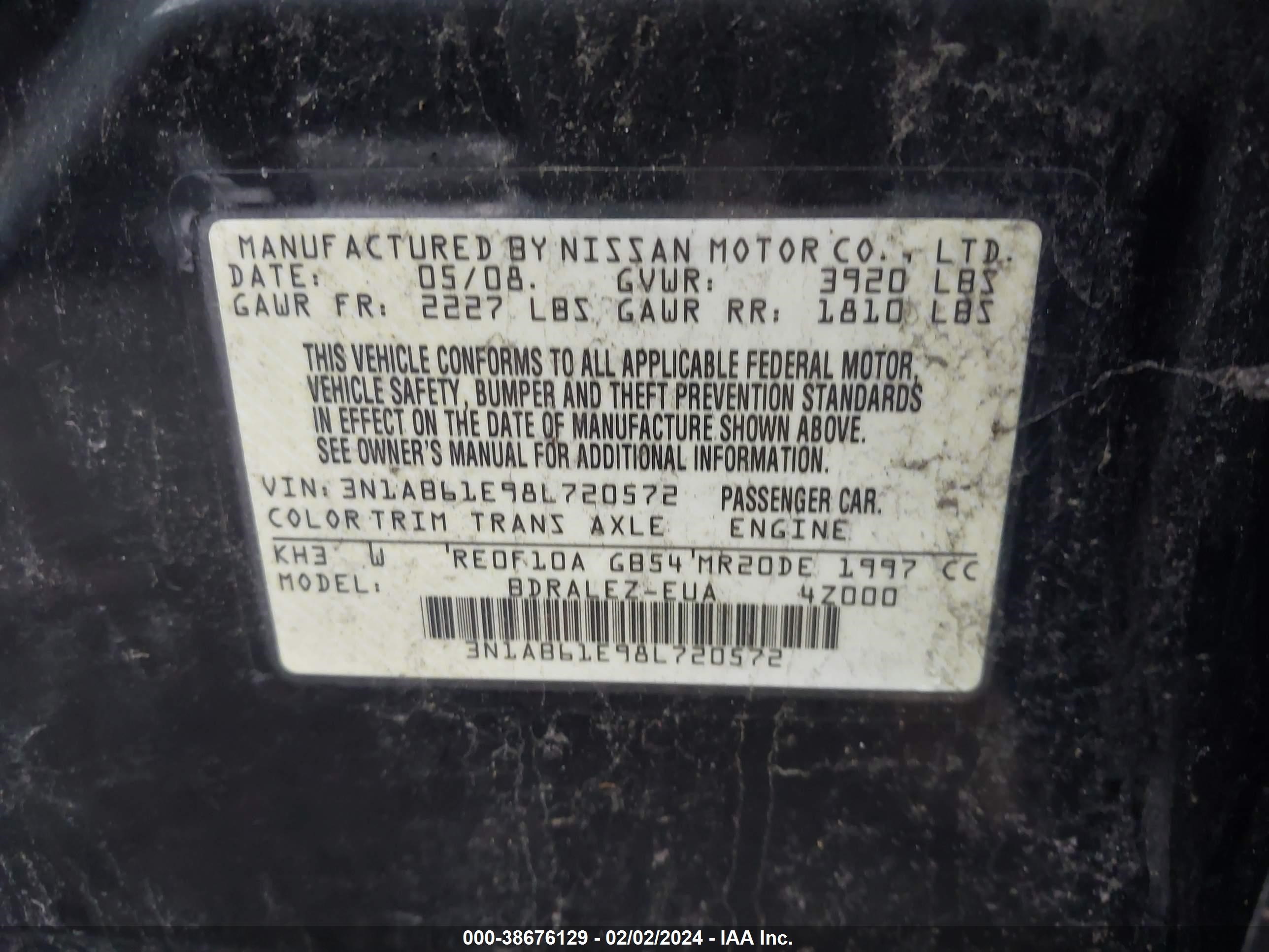 Photo 8 VIN: 3N1AB61E98L720572 - NISSAN SENTRA 