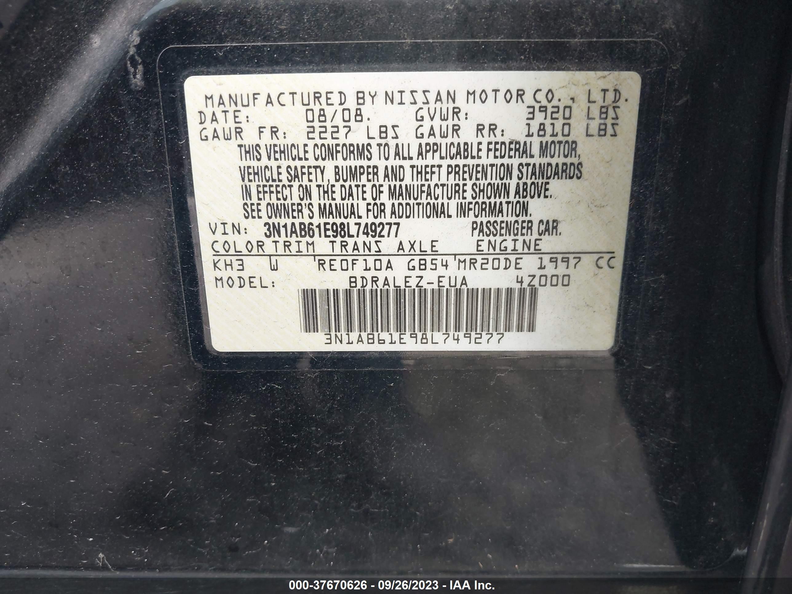 Photo 8 VIN: 3N1AB61E98L749277 - NISSAN SENTRA 