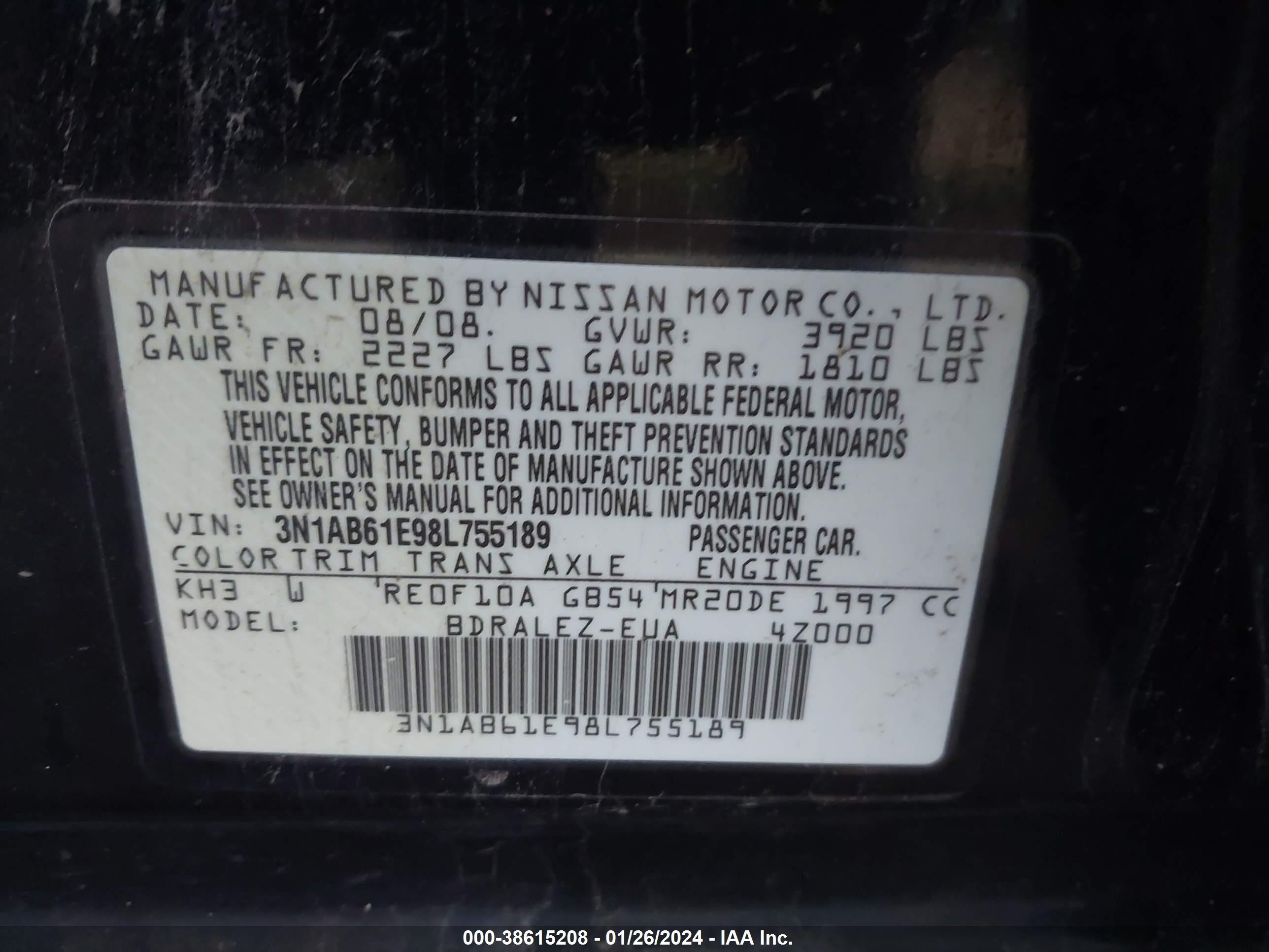 Photo 8 VIN: 3N1AB61E98L755189 - NISSAN SENTRA 