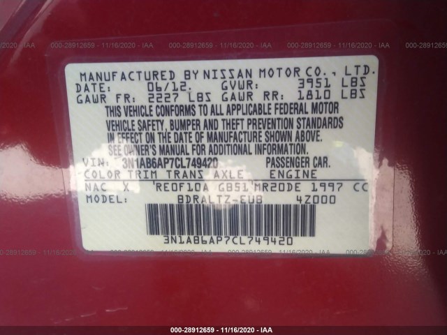 Photo 8 VIN: 3N1AB6AP7CL749420 - NISSAN SENTRA 