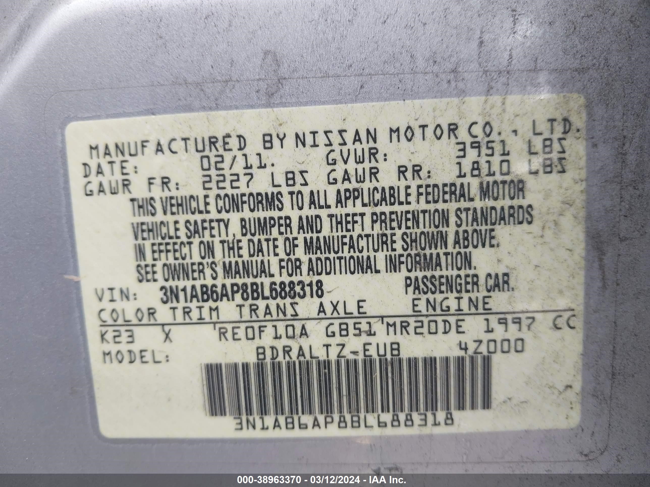 Photo 8 VIN: 3N1AB6AP8BL688318 - NISSAN SENTRA 