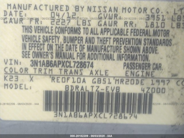 Photo 8 VIN: 3N1AB6APXCL728674 - NISSAN SENTRA 