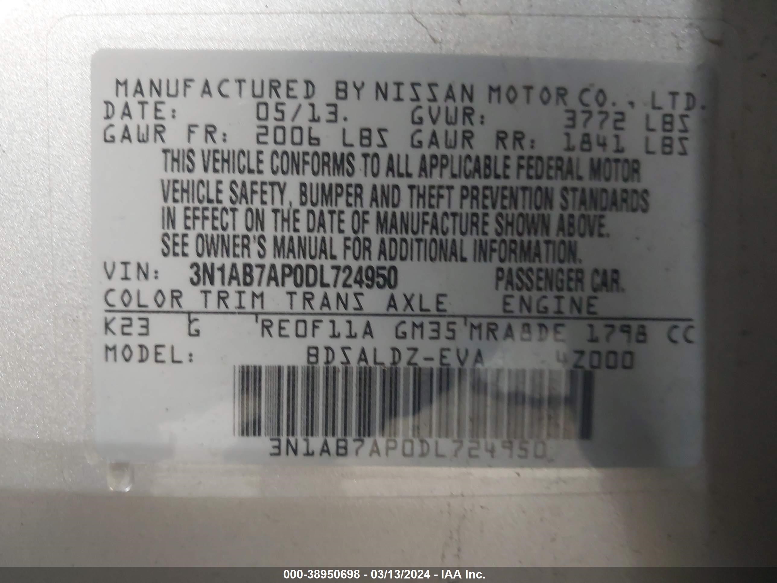 Photo 8 VIN: 3N1AB7AP0DL724950 - NISSAN SENTRA 