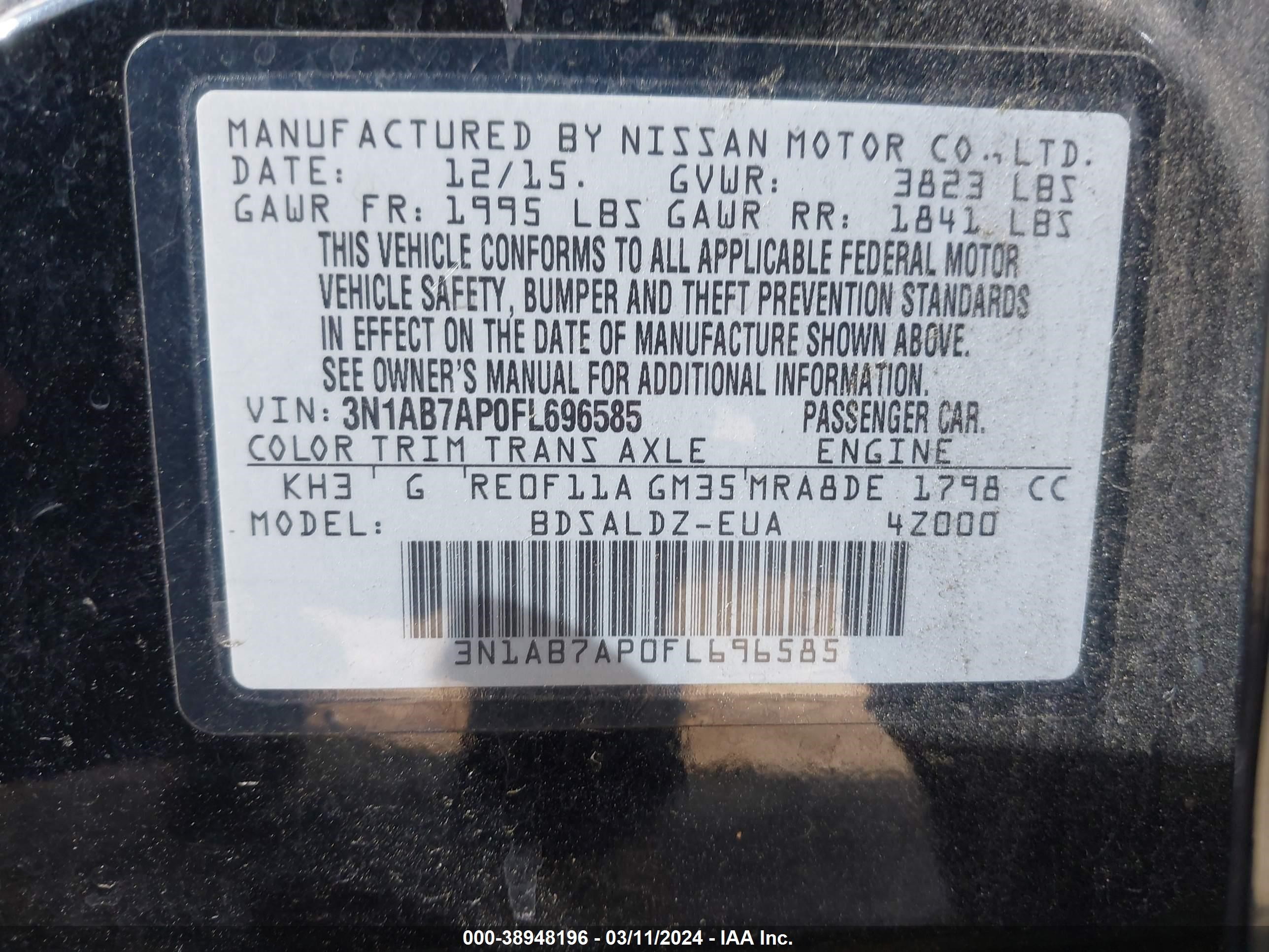 Photo 8 VIN: 3N1AB7AP0FL696585 - NISSAN SENTRA 