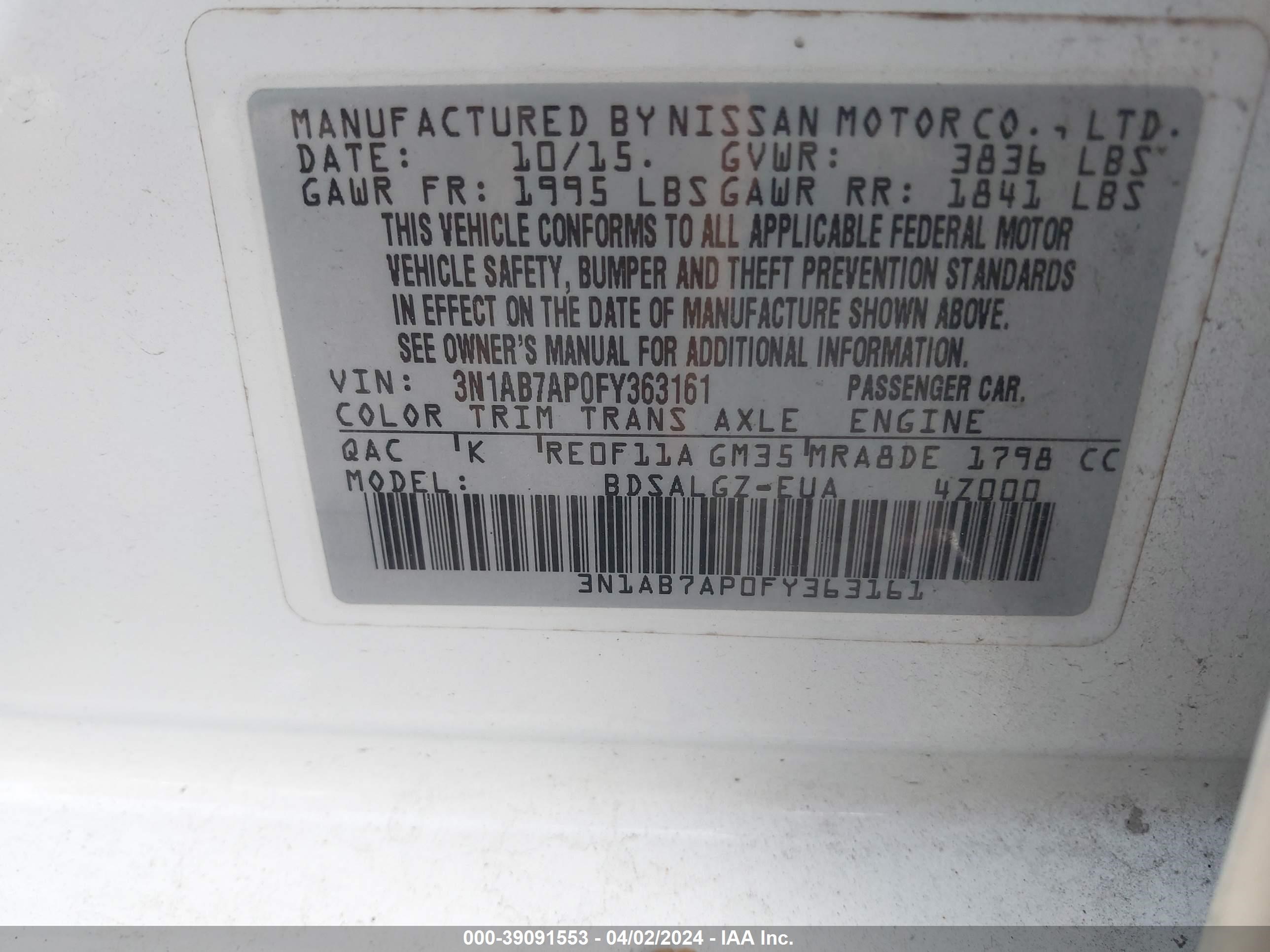 Photo 8 VIN: 3N1AB7AP0FY363161 - NISSAN SENTRA 