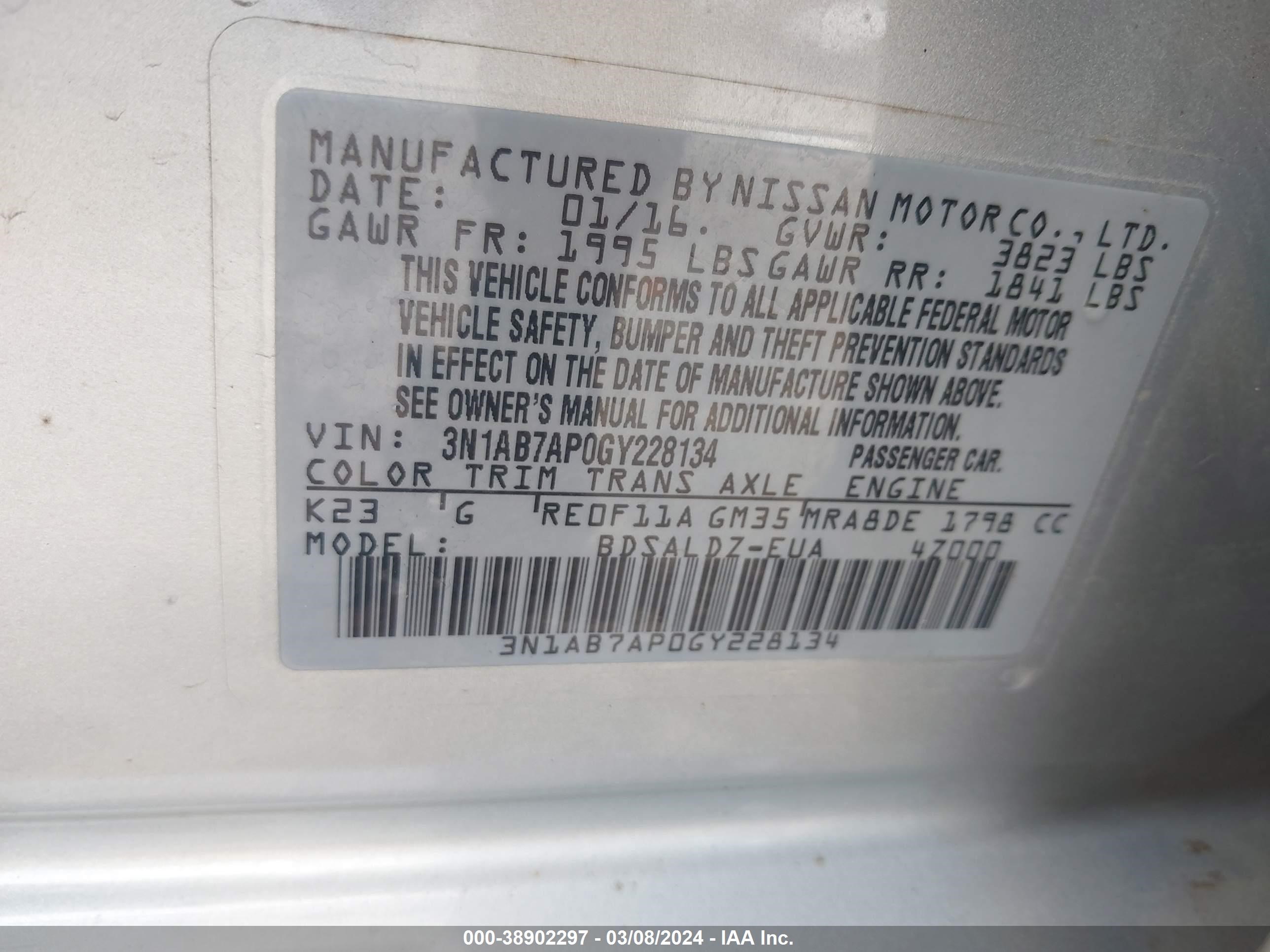 Photo 8 VIN: 3N1AB7AP0GY228134 - NISSAN SENTRA 