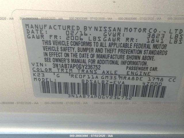 Photo 8 VIN: 3N1AB7AP0GY236752 - NISSAN SENTRA 