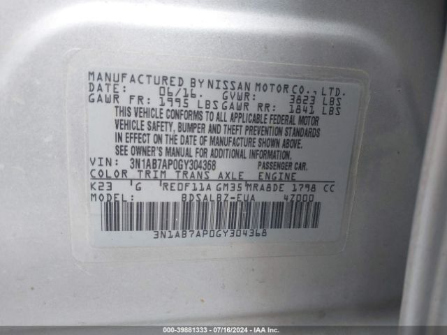 Photo 8 VIN: 3N1AB7AP0GY304368 - NISSAN SENTRA 