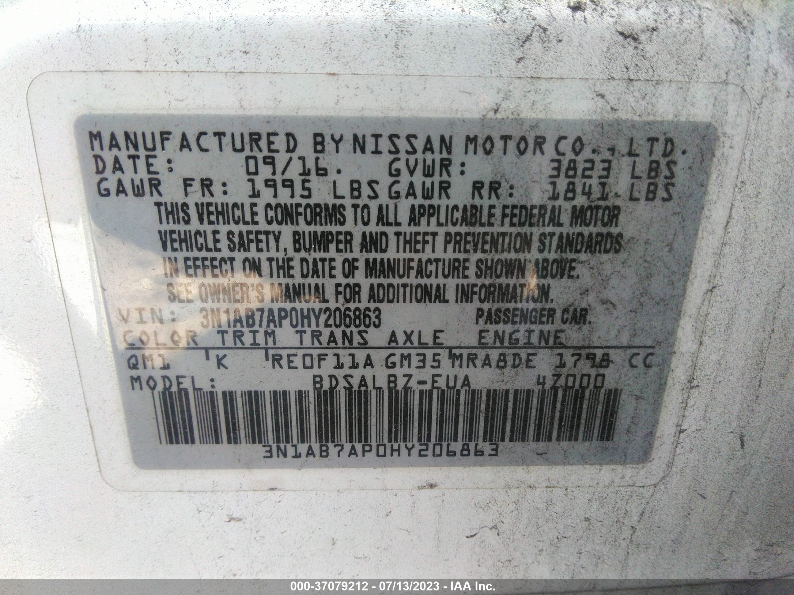 Photo 8 VIN: 3N1AB7AP0HY206863 - NISSAN SENTRA 