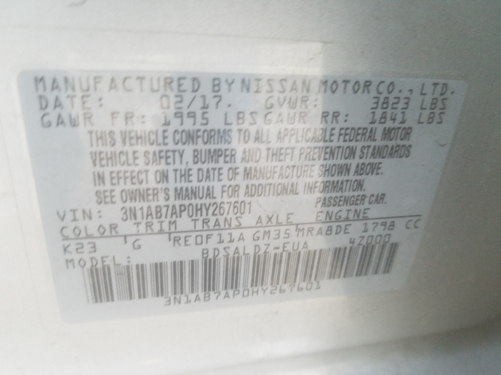 Photo 9 VIN: 3N1AB7AP0HY267601 - NISSAN SENTRA S 