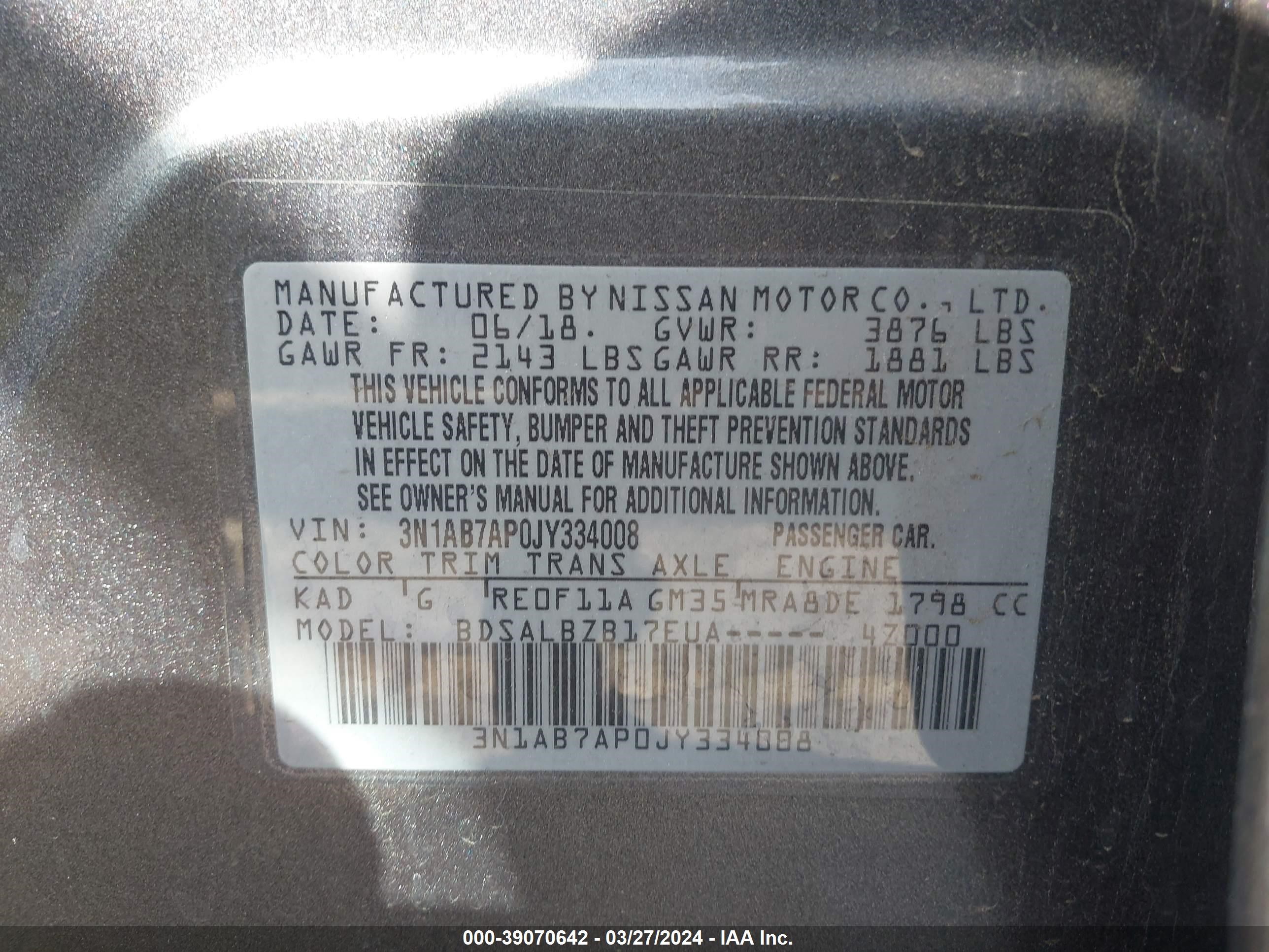 Photo 8 VIN: 3N1AB7AP0JY334008 - NISSAN SENTRA 