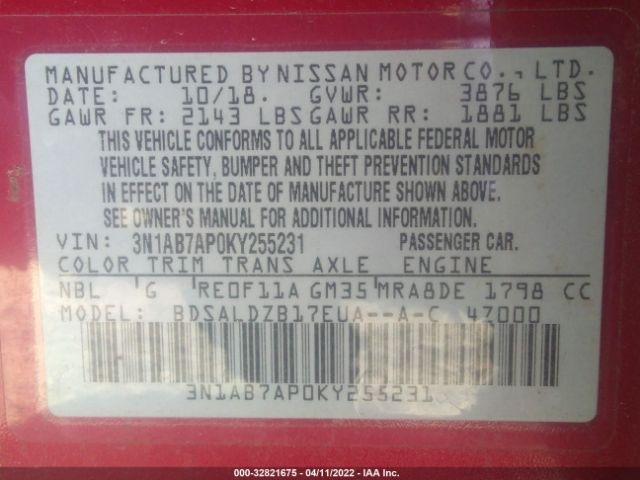 Photo 8 VIN: 3N1AB7AP0KY255231 - NISSAN SENTRA 