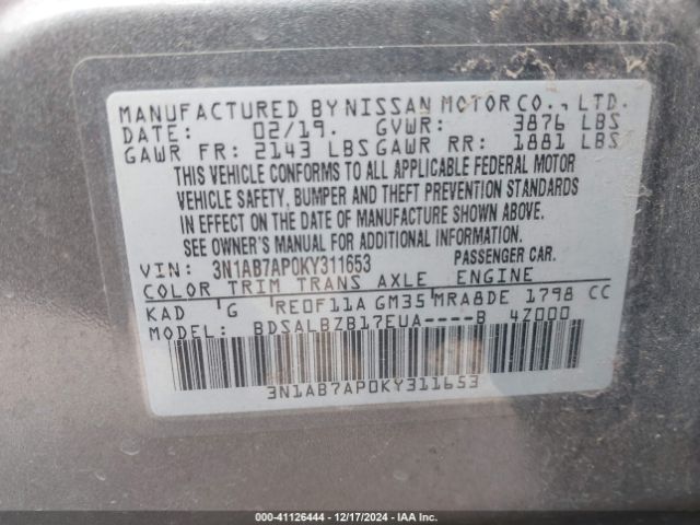 Photo 8 VIN: 3N1AB7AP0KY311653 - NISSAN SENTRA 