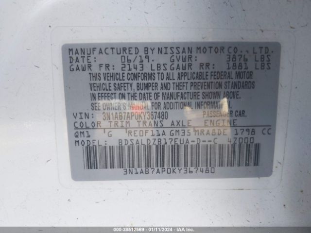 Photo 8 VIN: 3N1AB7AP0KY367480 - NISSAN SENTRA 