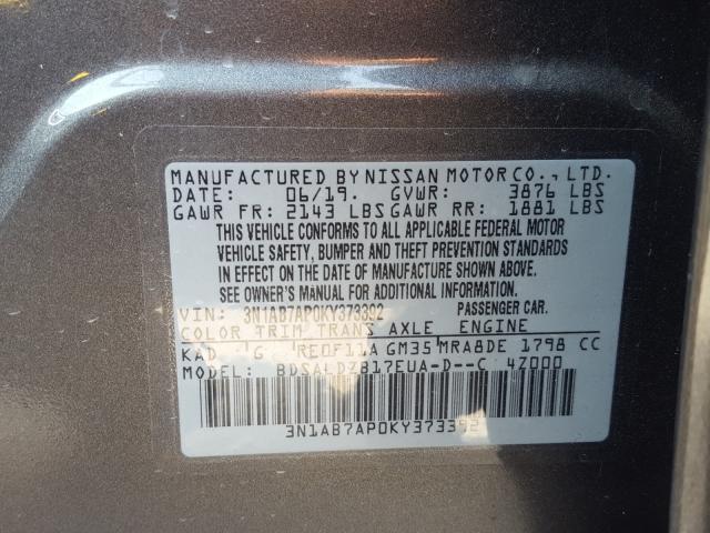 Photo 9 VIN: 3N1AB7AP0KY373392 - NISSAN SENTRA S 