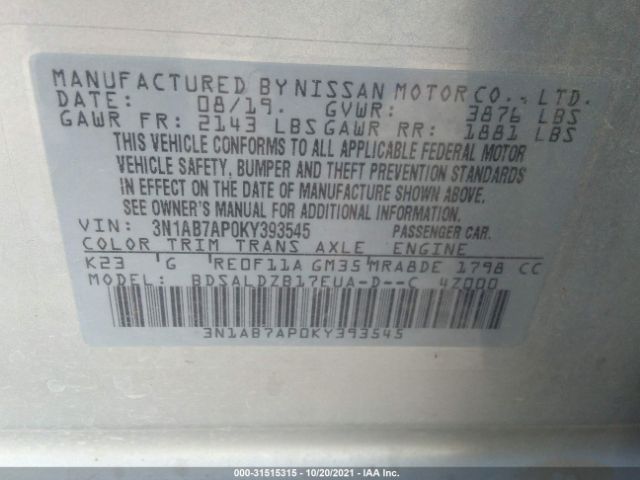 Photo 8 VIN: 3N1AB7AP0KY393545 - NISSAN SENTRA 