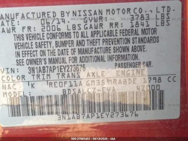 Photo 8 VIN: 3N1AB7AP1EY273676 - NISSAN SENTRA 