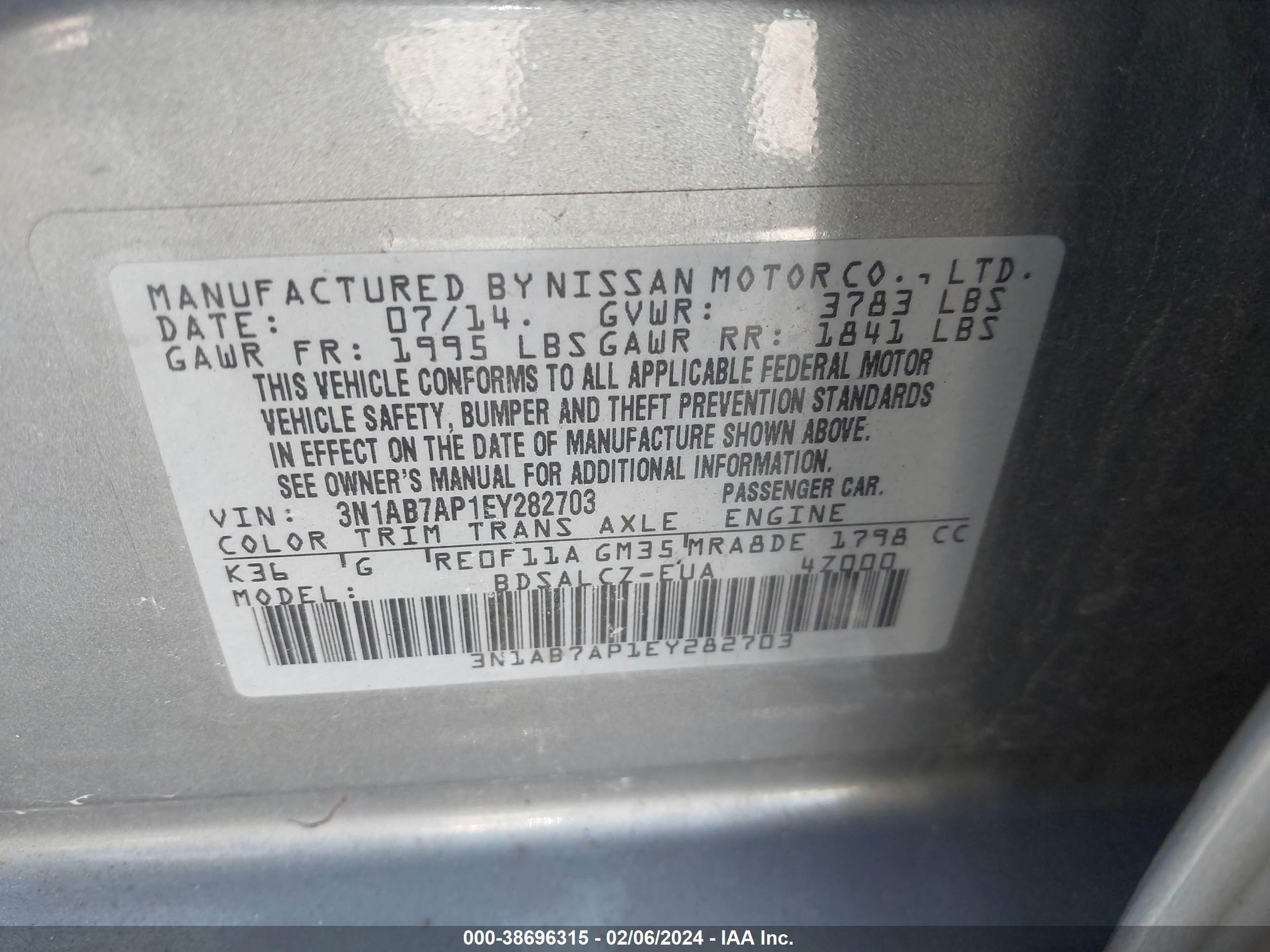 Photo 8 VIN: 3N1AB7AP1EY282703 - NISSAN SENTRA 