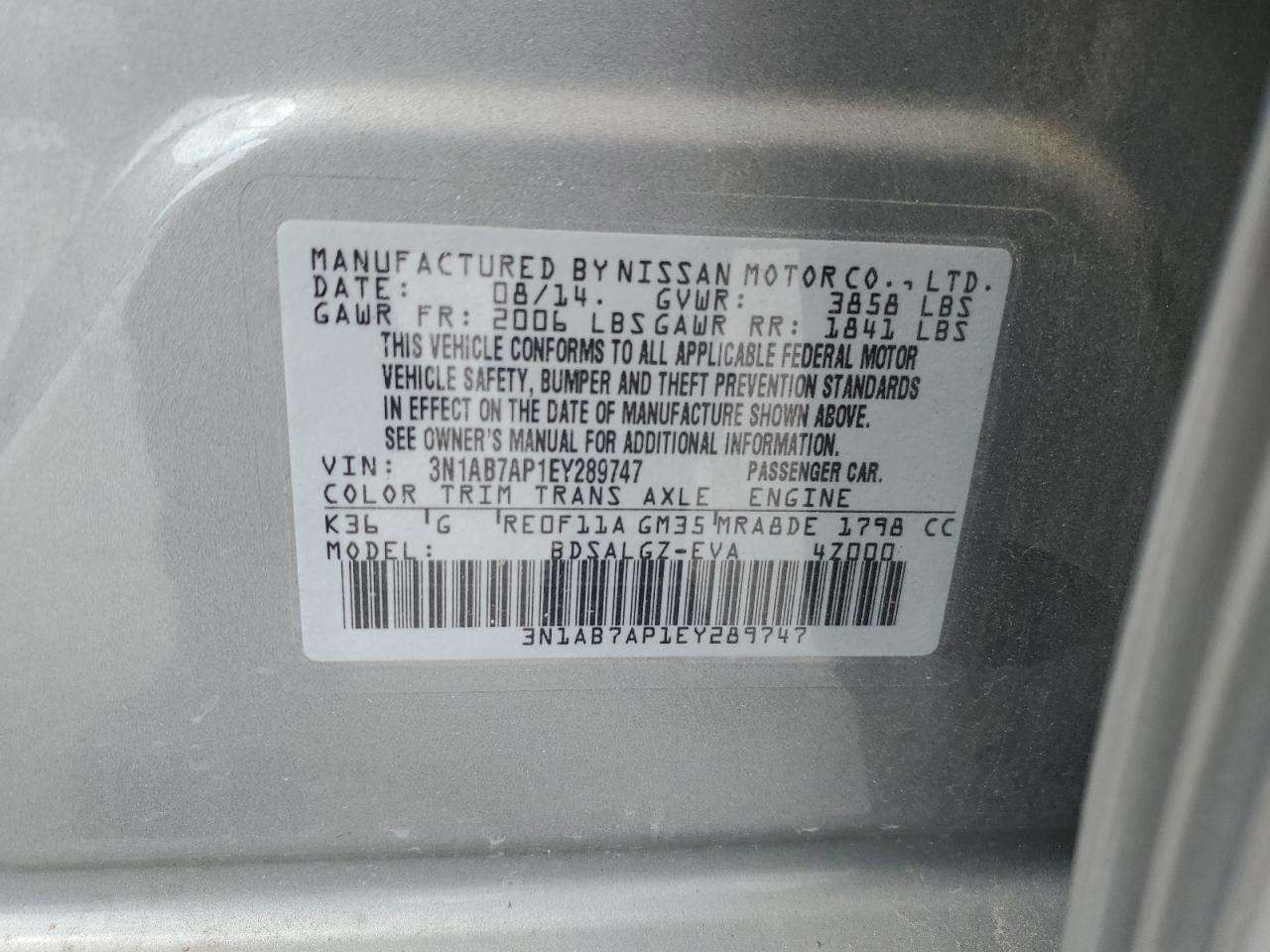 Photo 12 VIN: 3N1AB7AP1EY289747 - NISSAN SENTRA 