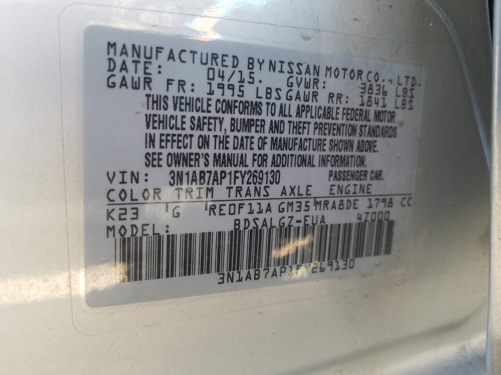 Photo 9 VIN: 3N1AB7AP1FY269130 - NISSAN SENTRA S 