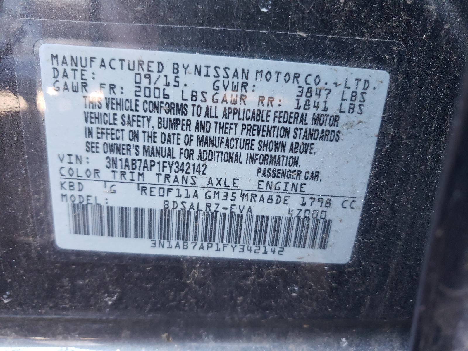 Photo 9 VIN: 3N1AB7AP1FY342142 - NISSAN SENTRA S 