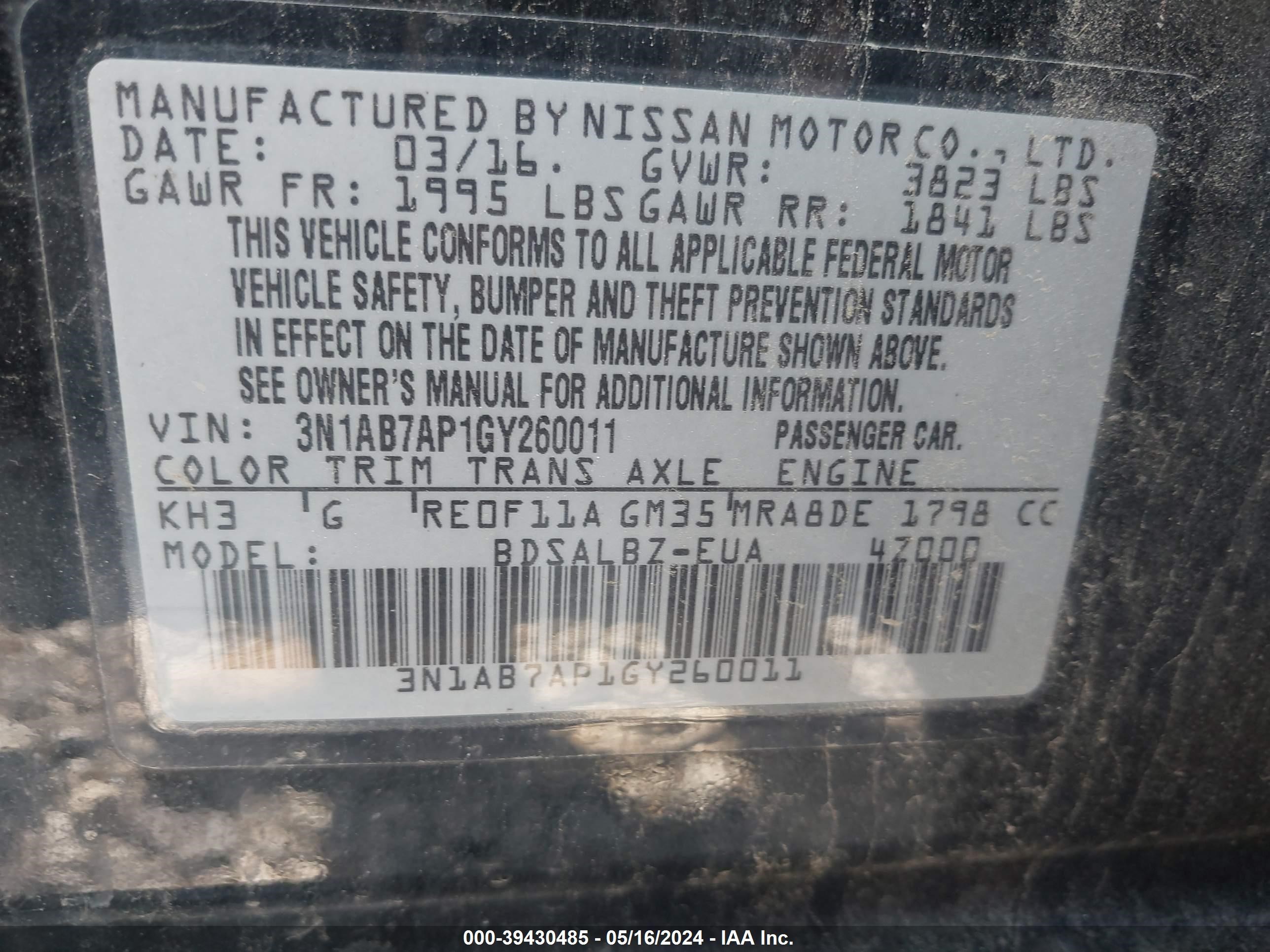 Photo 8 VIN: 3N1AB7AP1GY260011 - NISSAN SENTRA 