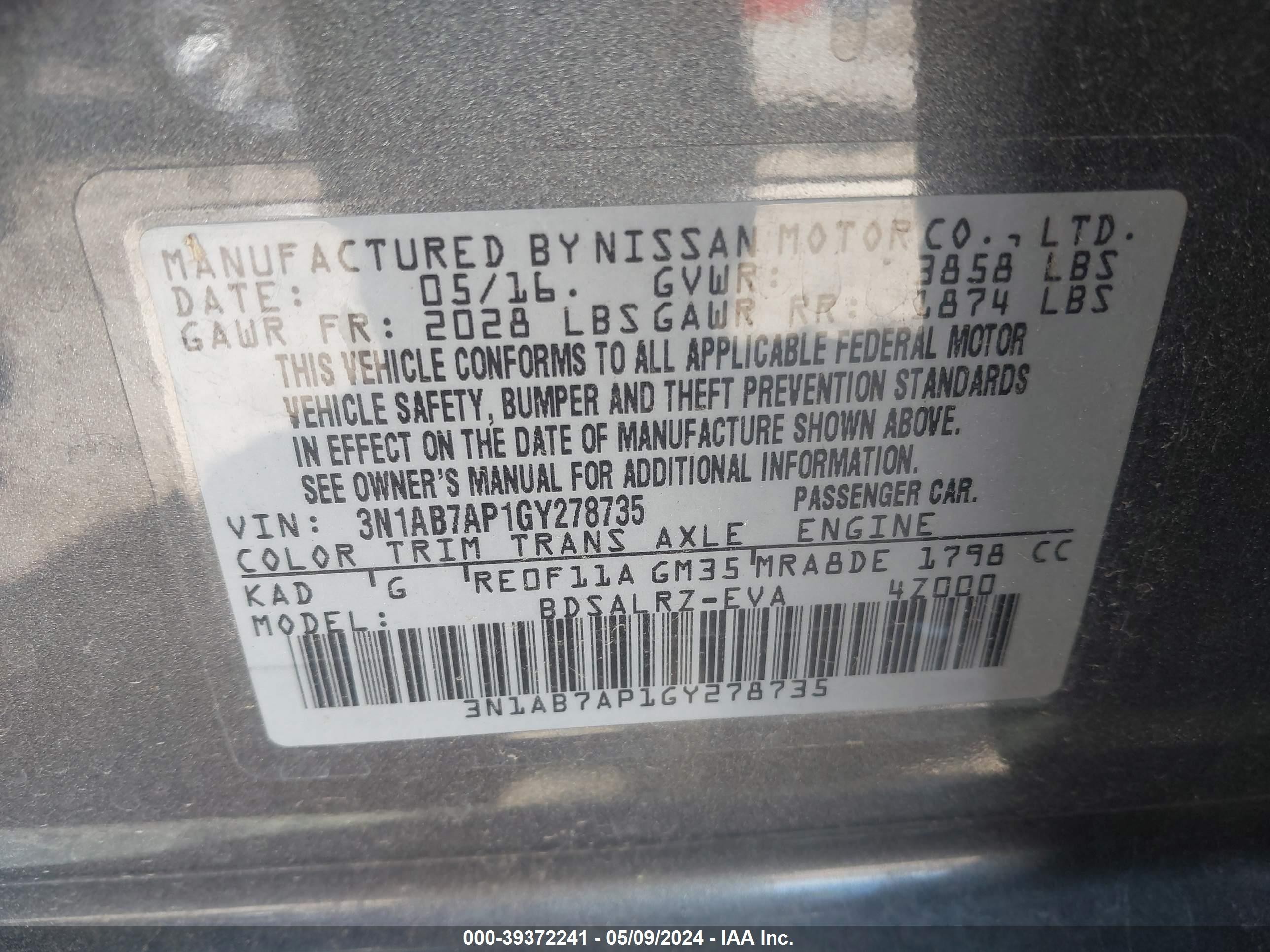 Photo 8 VIN: 3N1AB7AP1GY278735 - NISSAN SENTRA 