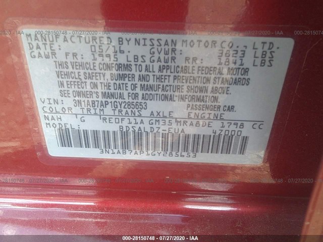 Photo 8 VIN: 3N1AB7AP1GY285653 - NISSAN SENTRA 