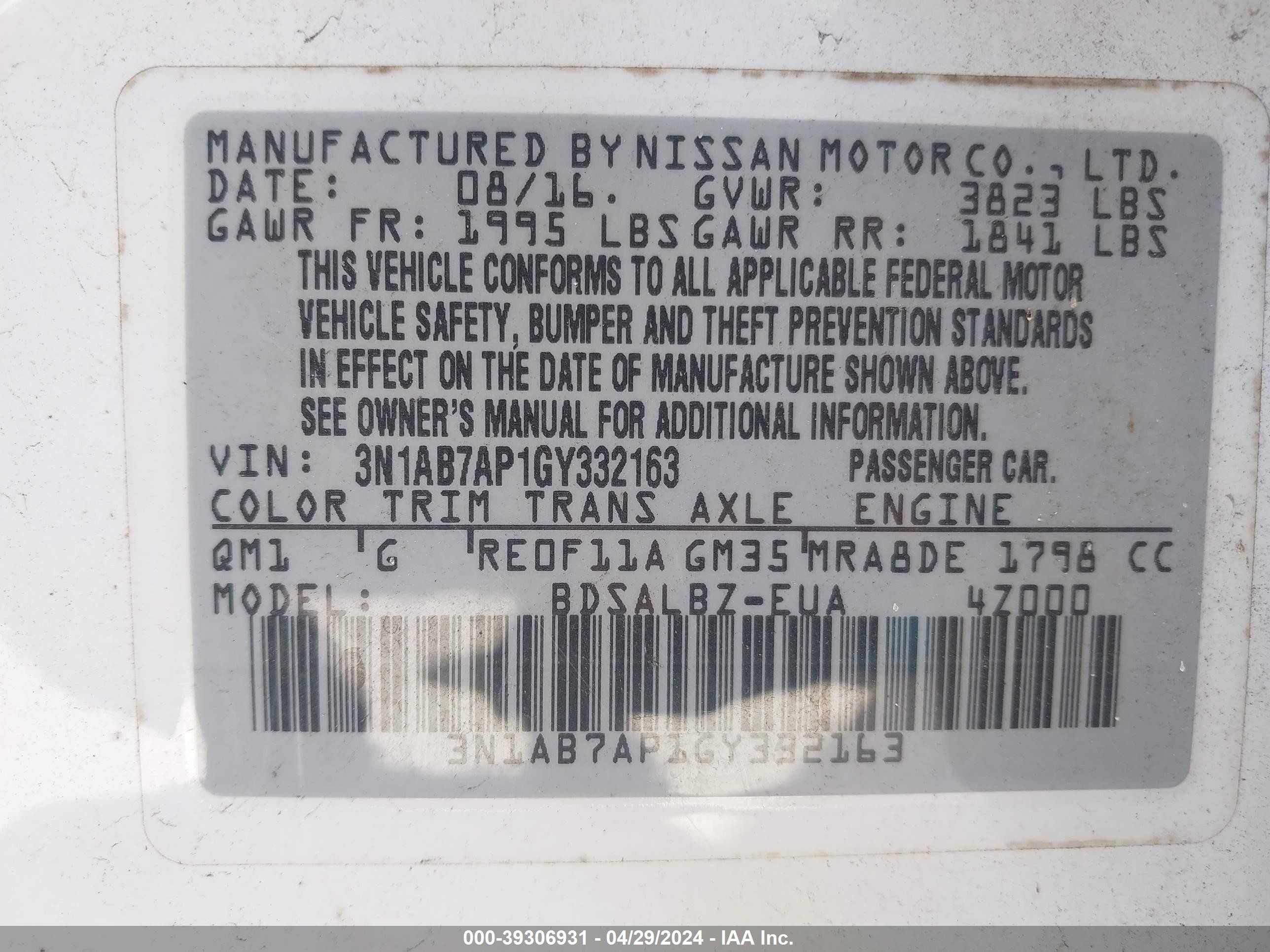 Photo 8 VIN: 3N1AB7AP1GY332163 - NISSAN SENTRA 