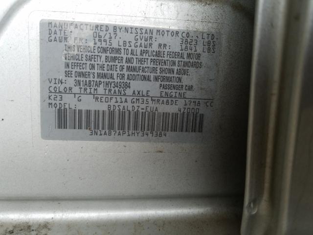 Photo 9 VIN: 3N1AB7AP1HY349384 - NISSAN SENTRA S 