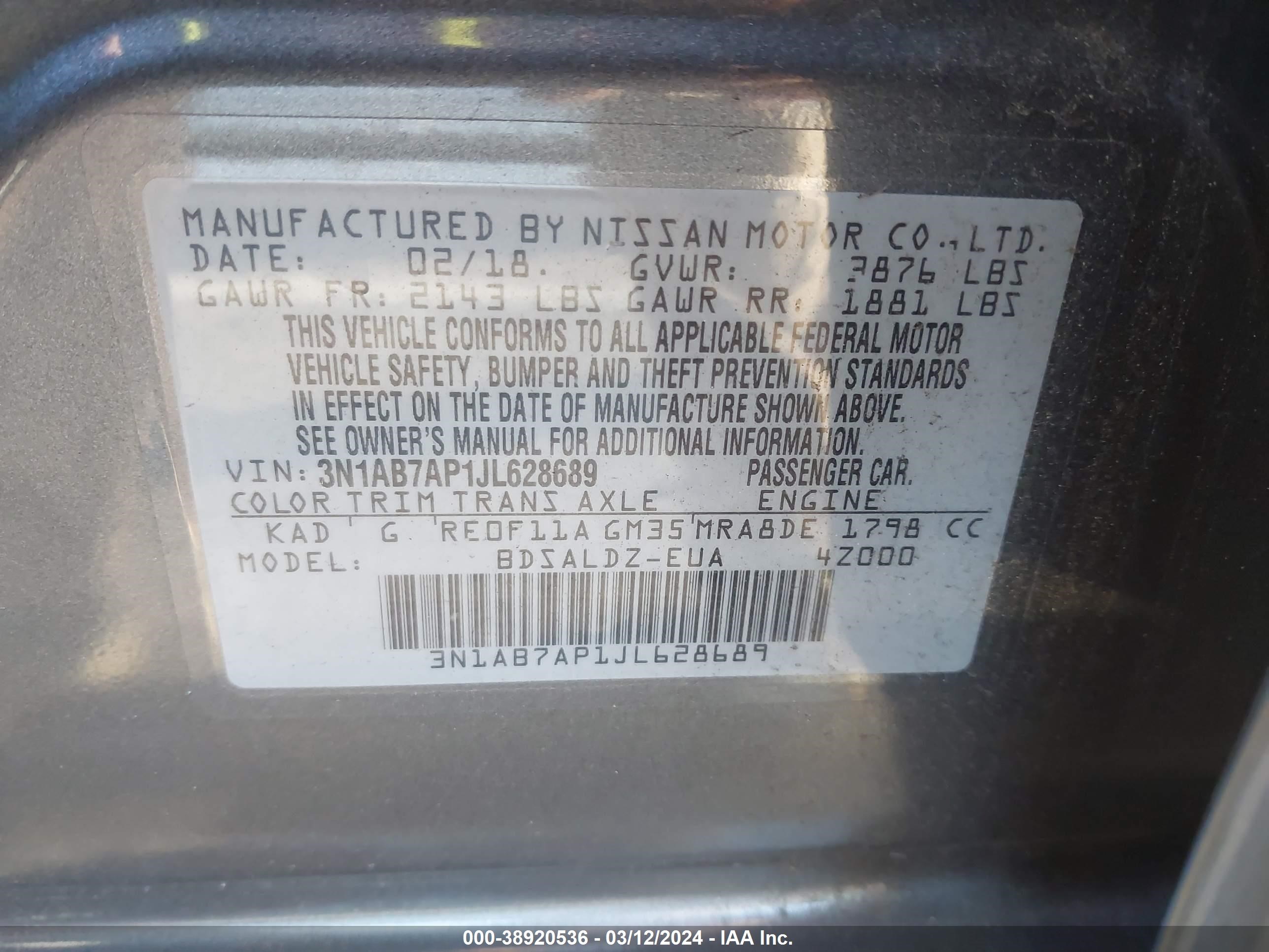 Photo 8 VIN: 3N1AB7AP1JL628689 - NISSAN SENTRA 