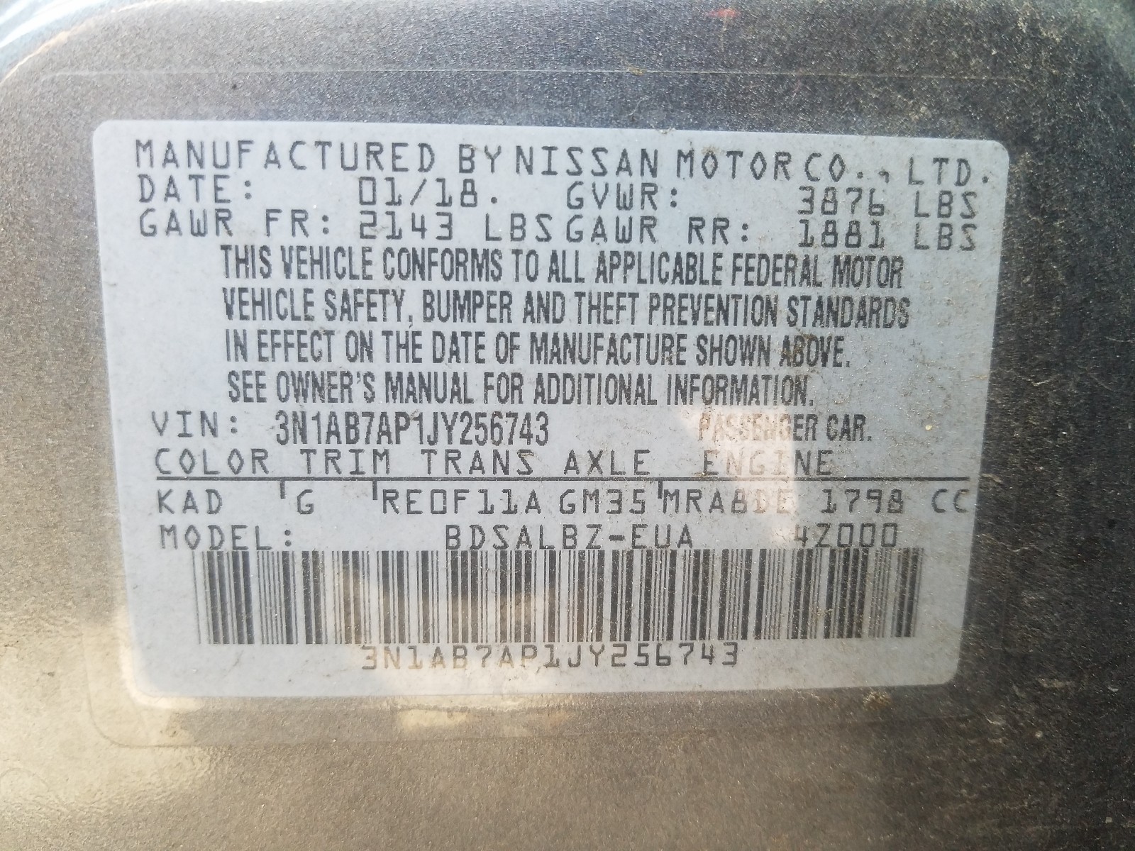 Photo 9 VIN: 3N1AB7AP1JY256743 - NISSAN SENTRA S 