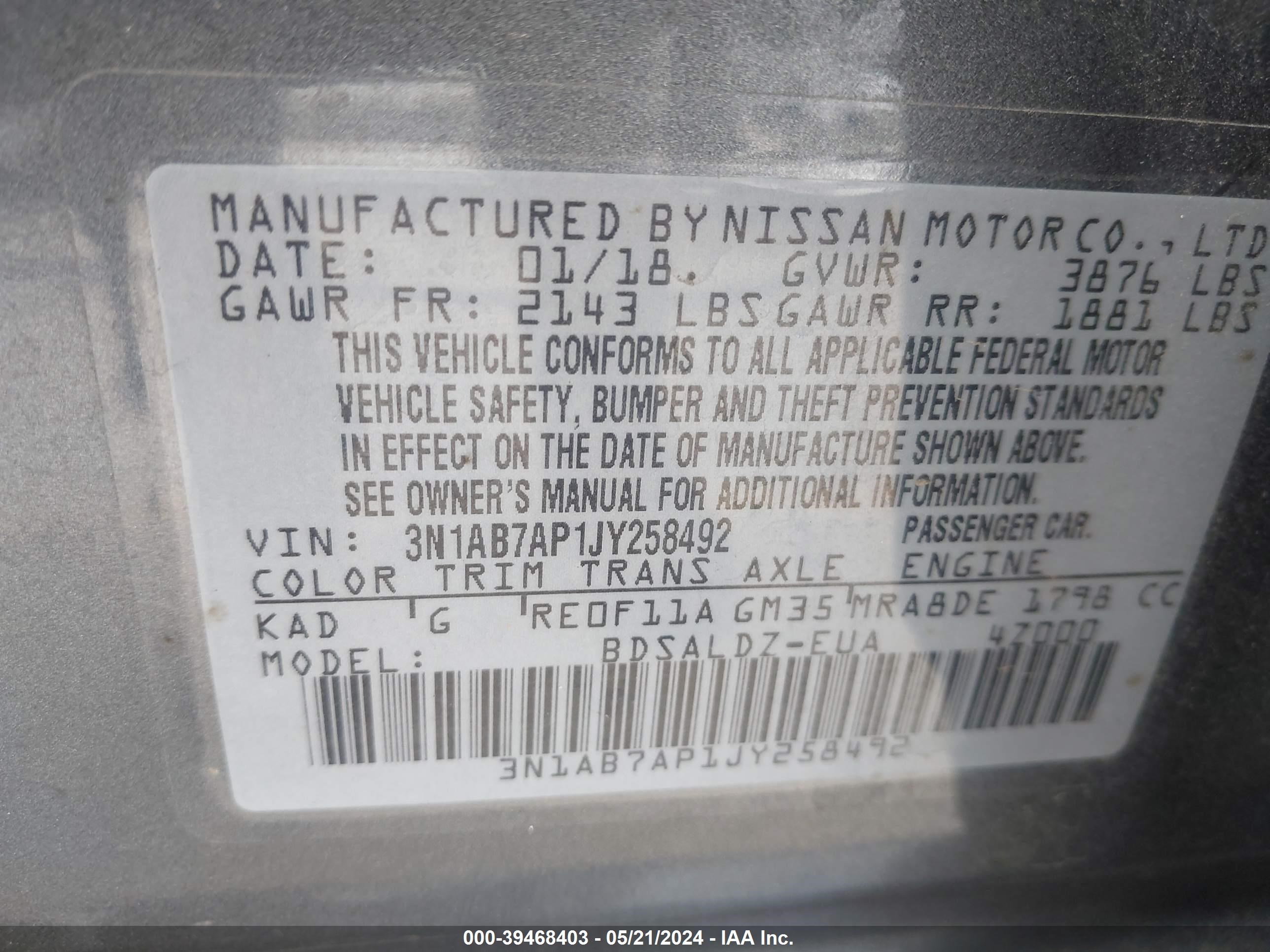 Photo 8 VIN: 3N1AB7AP1JY258492 - NISSAN SENTRA 